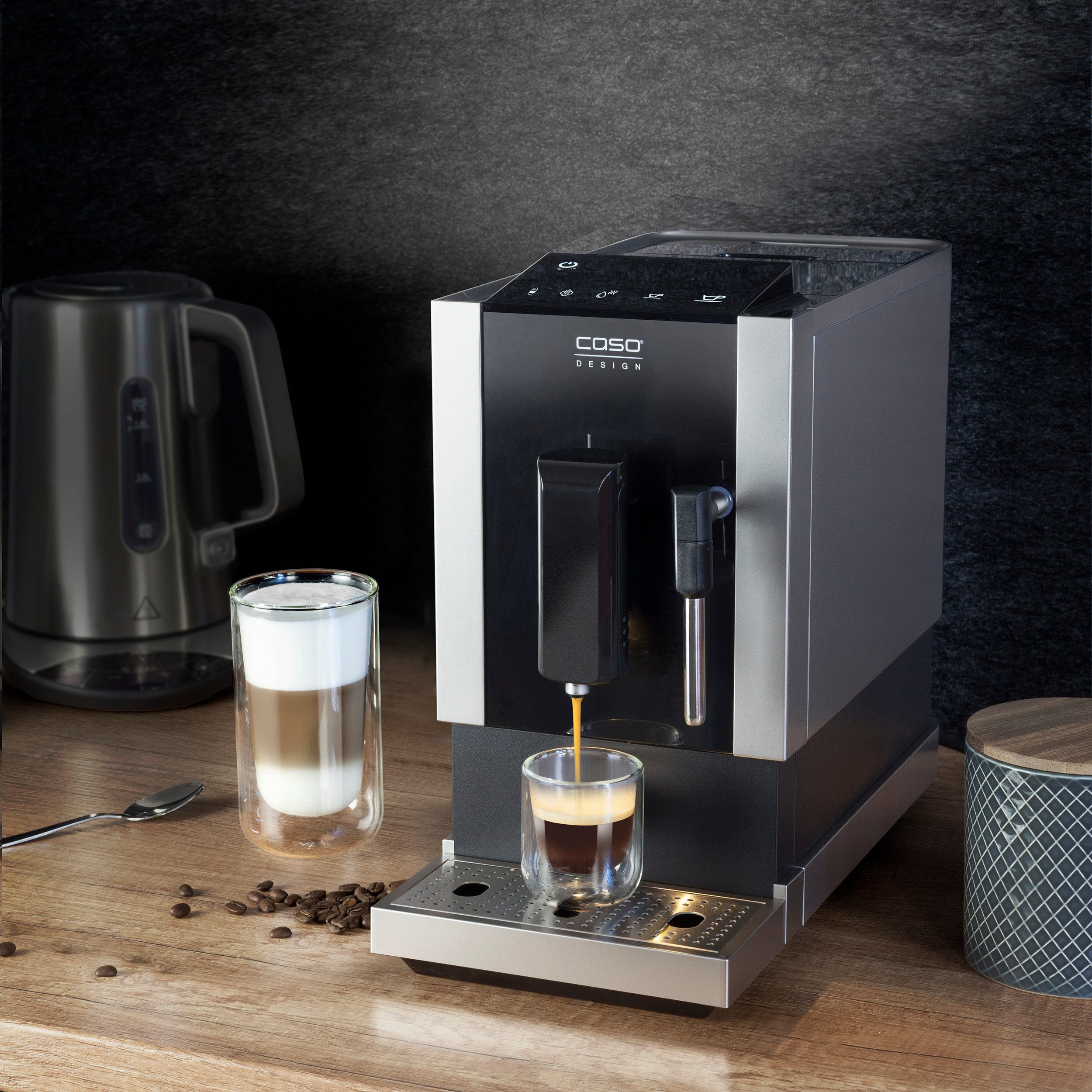 Caso Kaffeevollautomat Café Crema One, Praktische Sensor-Touch Steuerung, Edelstahl-Kegelmahlwerk
