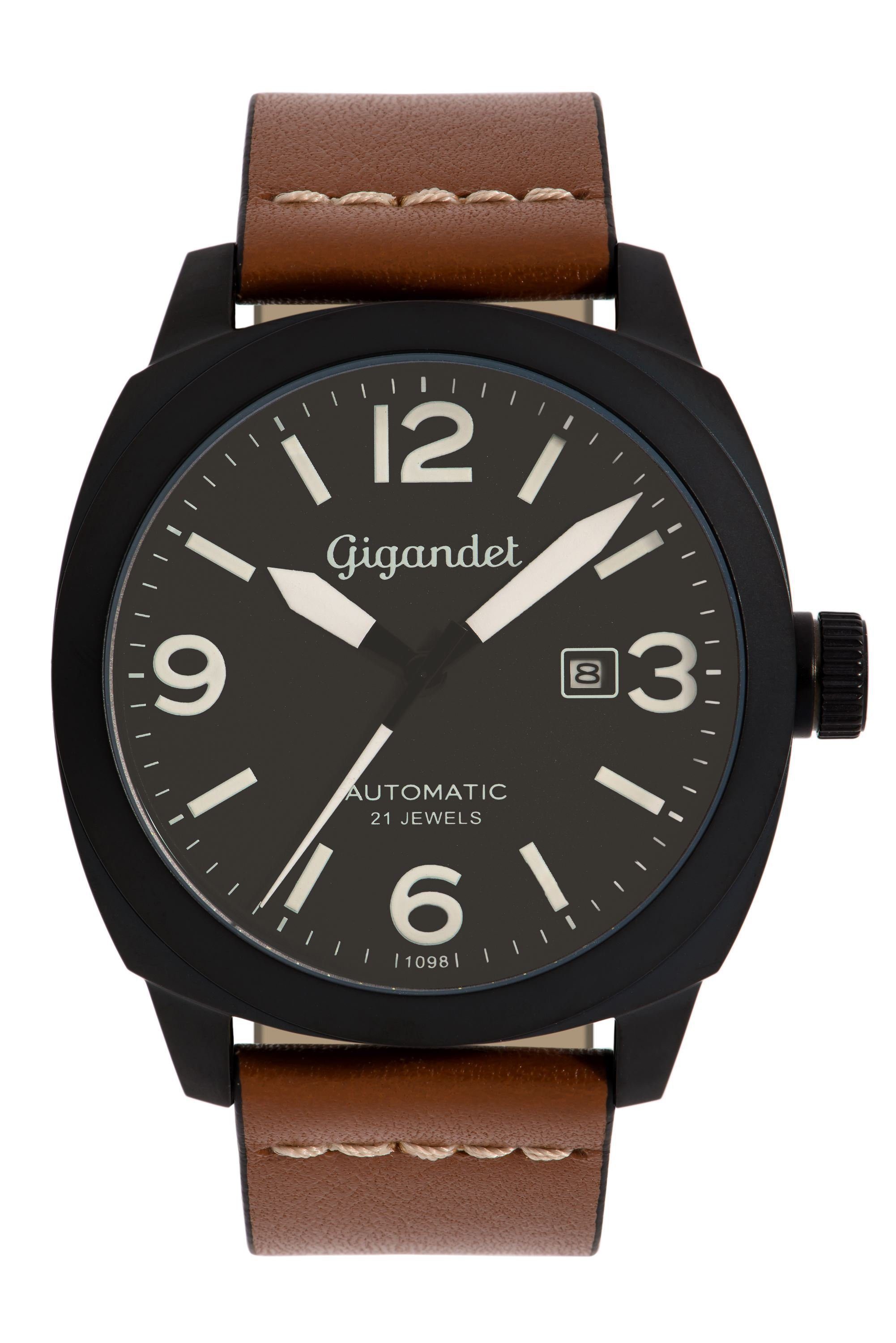 Gigandet Automatikuhr Herrenuhr, Armbanduhr, Fliegeruhr, 46mm, RED BARON II G9-005 G9-005, Mineralglas, Datumsanzeige, Braun, Schwarz, 10bar/100m wasserdicht