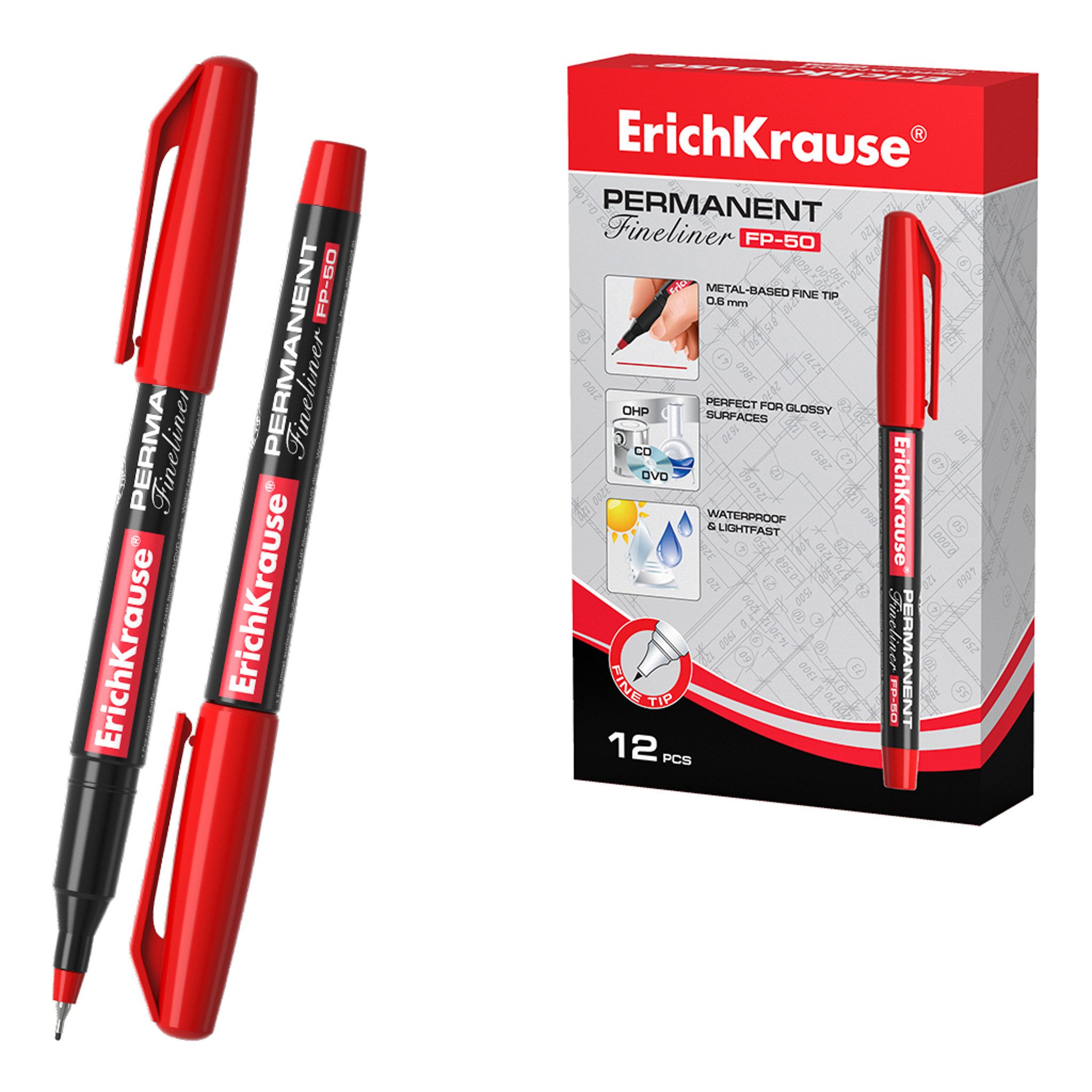 Erich Krause Fineliner, Fineliner FP-50 wasserfest 0,6mm Rot 12er Pack