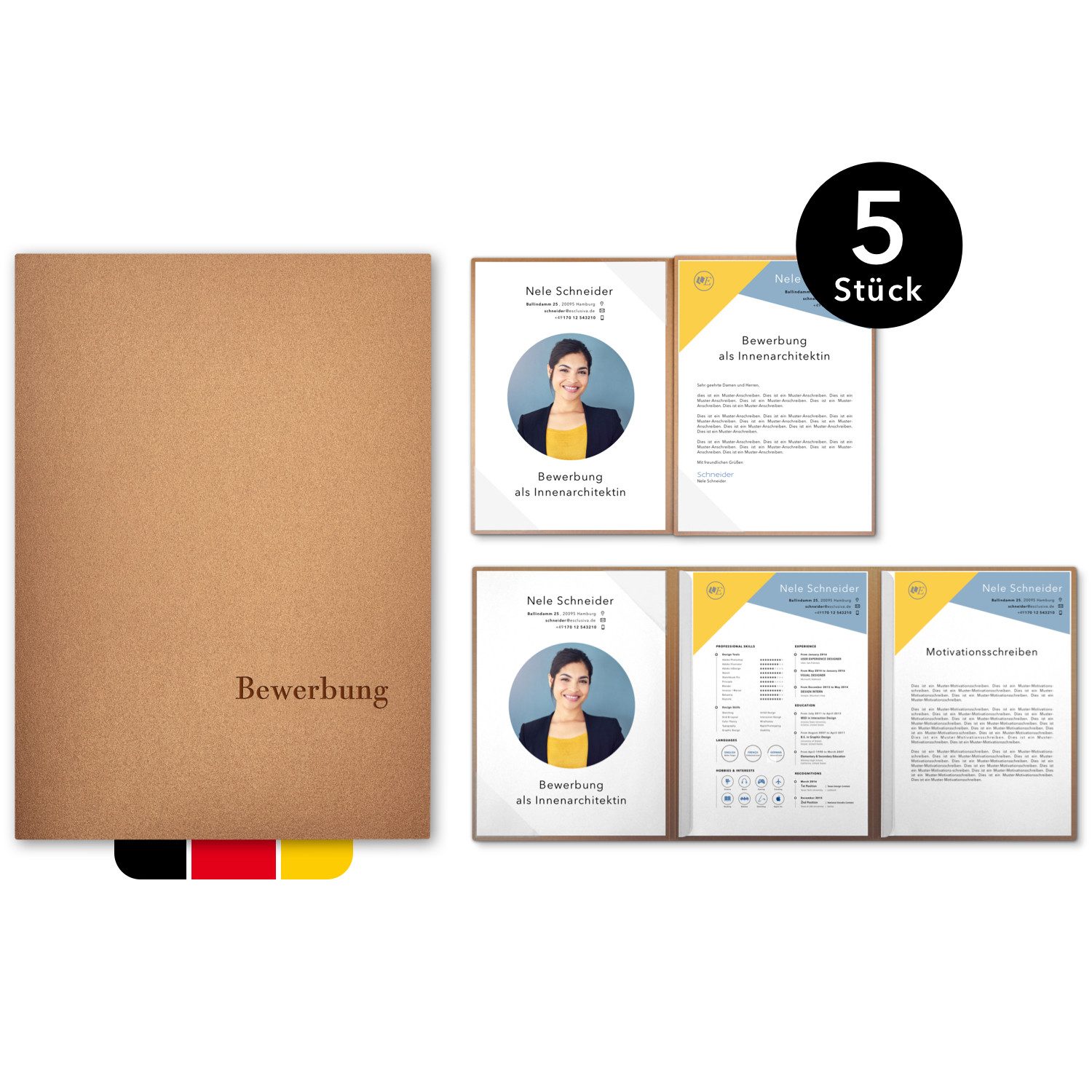 STRATAG Bewerbungsmappe Esclusiva® Exzellent-plus Metallic - 5 Stück 4-tlg mit 2 Klemmschienen (Set, 5-St., Premium-Qualität mit hochwertiger Prägung Bewerbung), direkt vom Hersteller STRATAG - handgefertigt in Deutschland