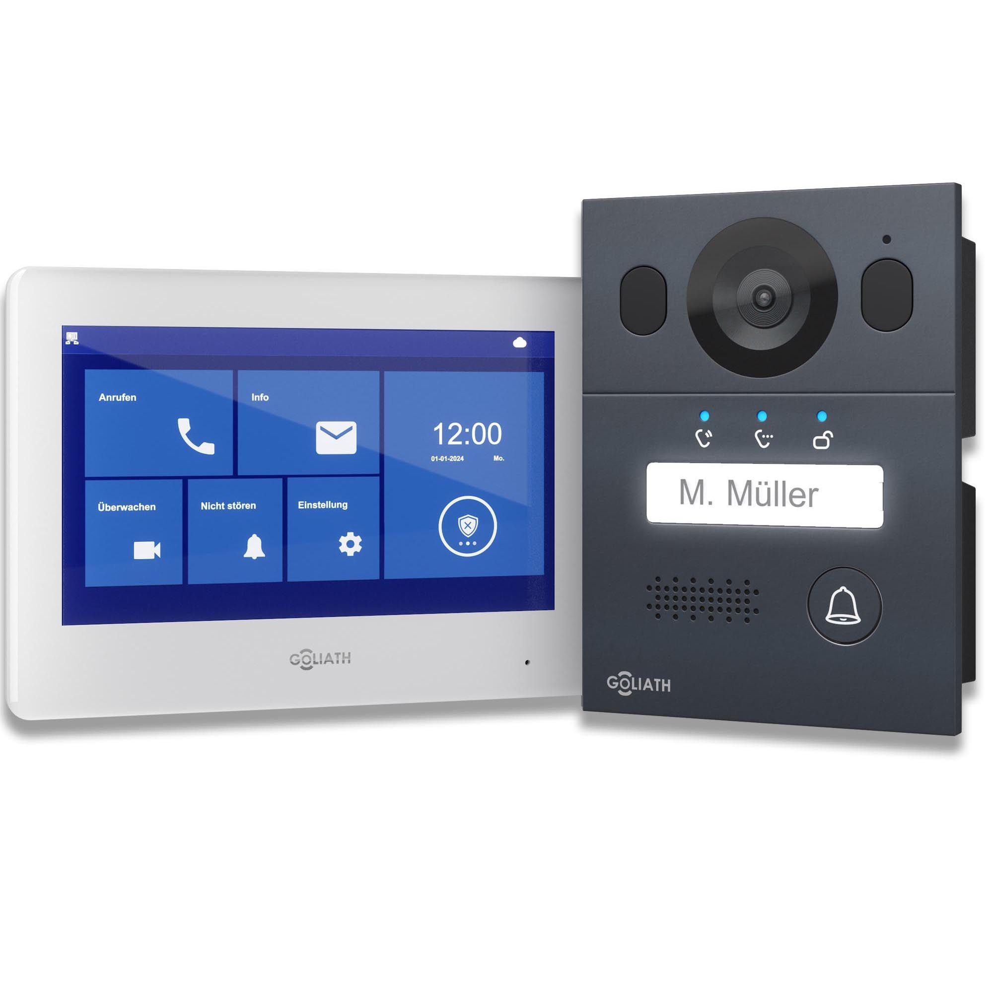 Goliath Intercom Video-Türsprechanlage Basic Line 2-Draht, 1 Familie, Weiß/Anthrazit (Innenbereich, Außenbereich, Set, Türstation, Monitore nach Auswahl, Montagedose, BUS-Modul und Netzteil, 2-Draht, 7-Zoll-Monitor, App-Anbindung)