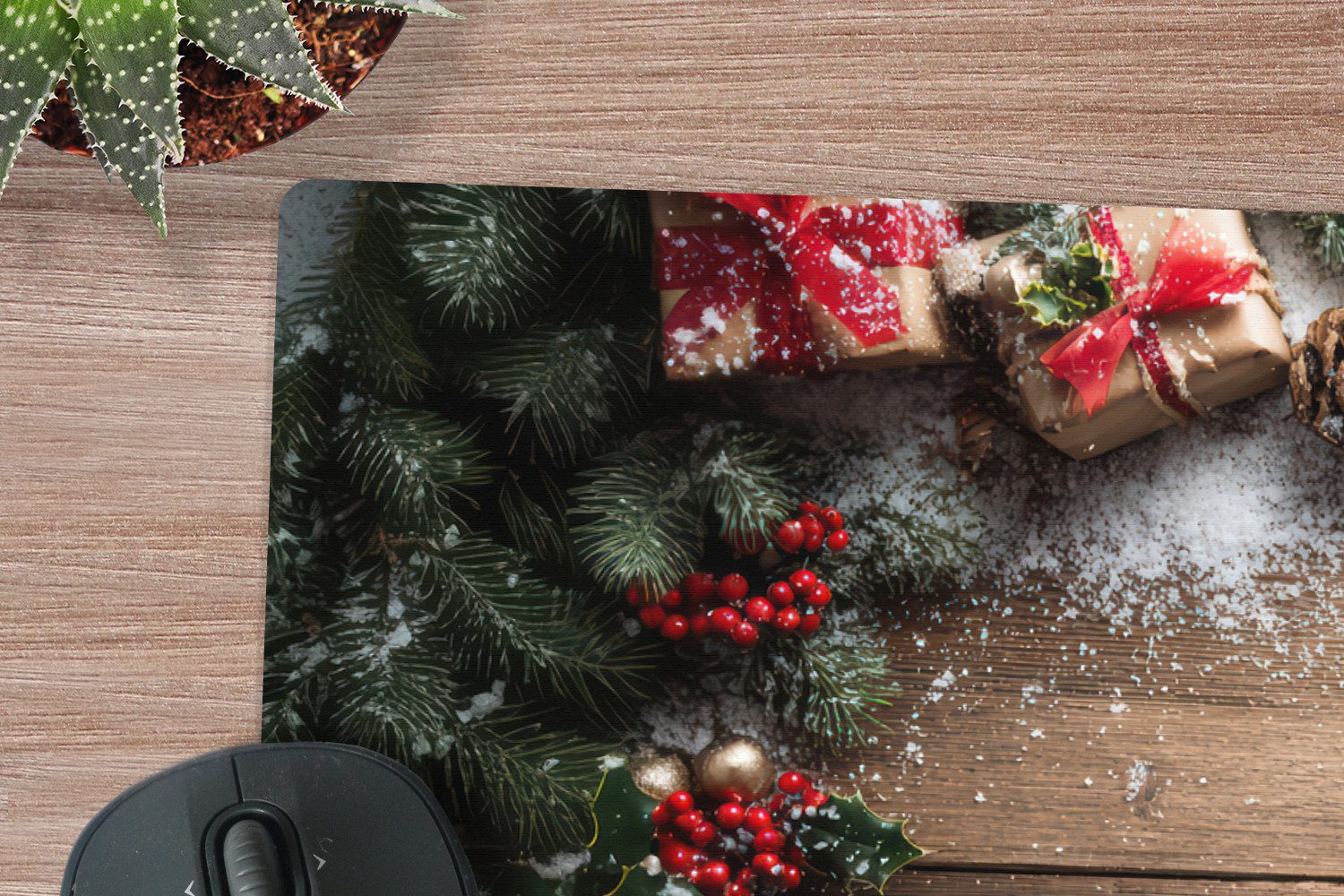 MuchoWow Mauspad Weihnachtsdekoration - Geschenke - Holz - Mehrfarbig (1-St), Mousepad mit Rutschfester Unterseite, Gaming XXL, Großes, 120x60 cm