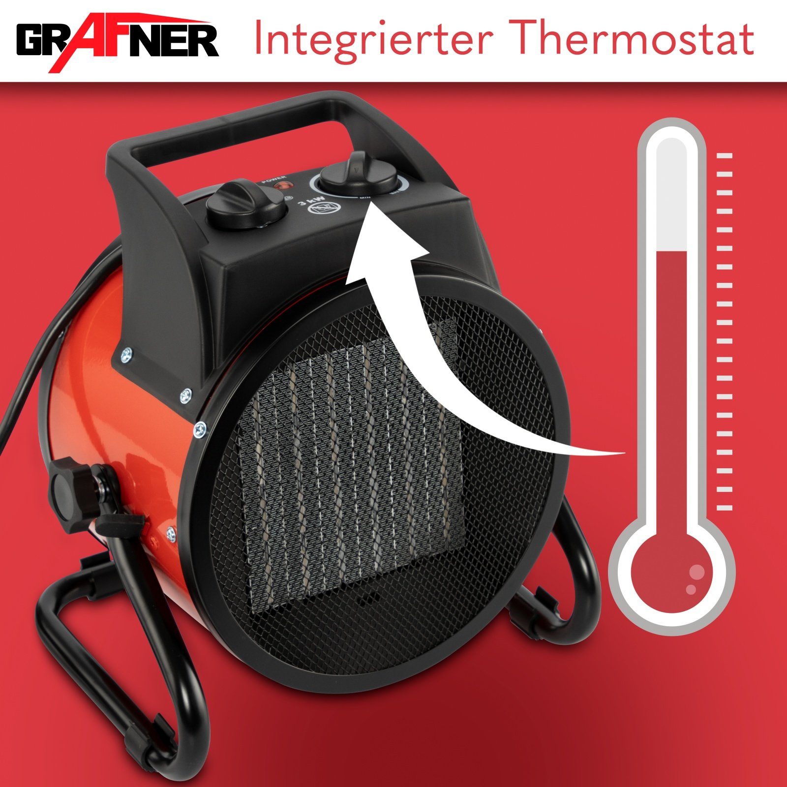 Grafner Heizgerät Heizgerät Elektroheizer Heizstrahler 3000 Watt Bauheizer, 3000 W, mit Thermostat und Tragegriff – Bild 5 von 5