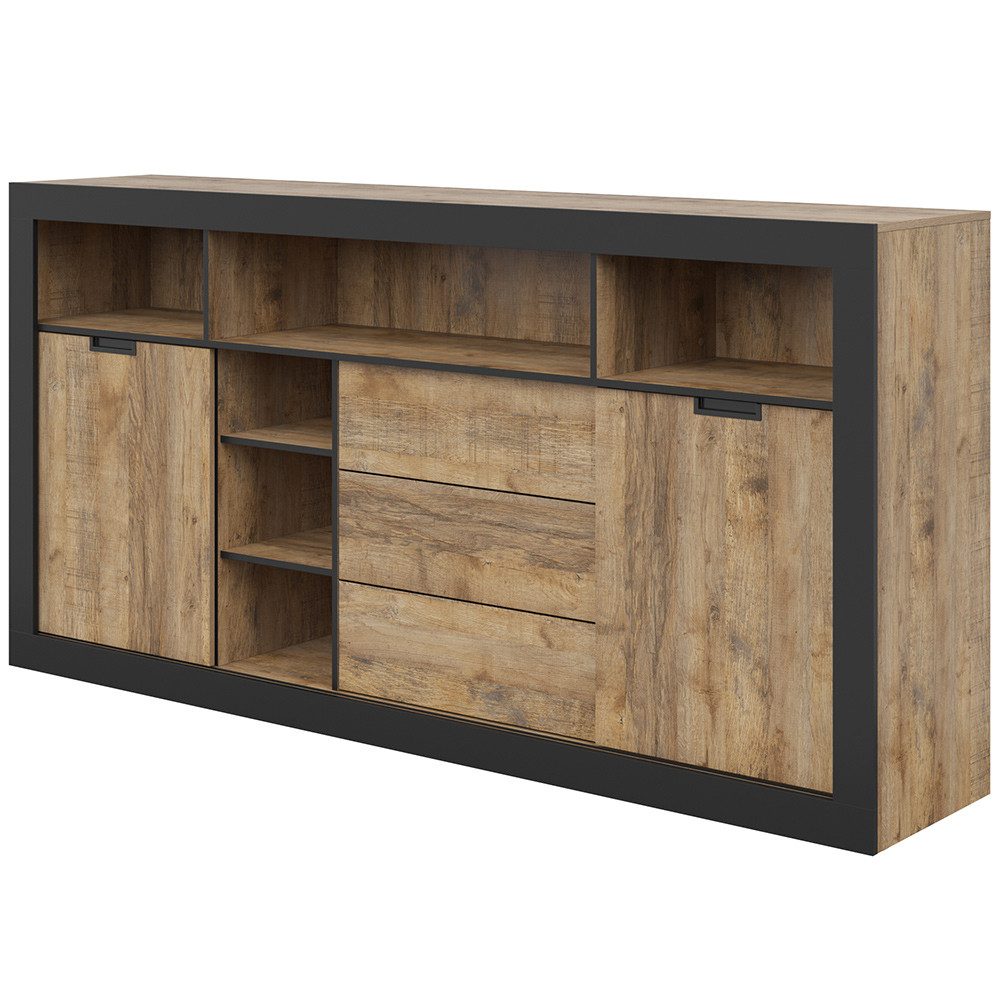 Lomadox Kommode TOLOSA-83, in Eiche mit Rahmen in Mattschwarz, Breite 220 cm