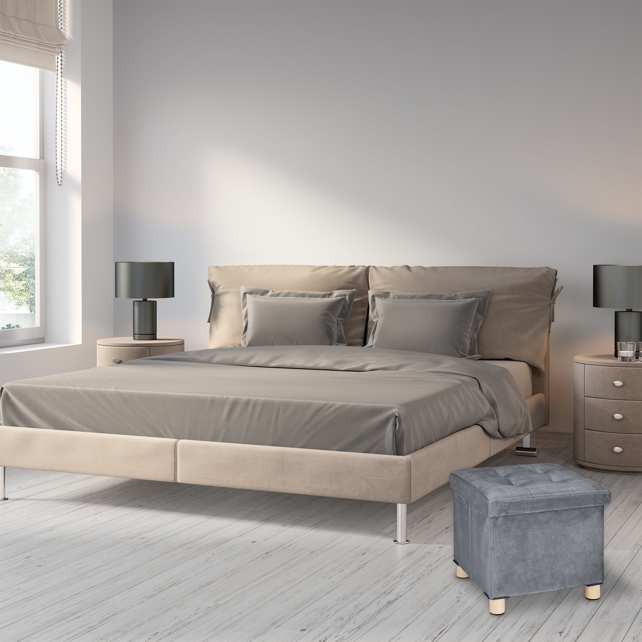 relaxdays Polsterhocker Samthocker mit Tablett, hellgrau günstig online kaufen