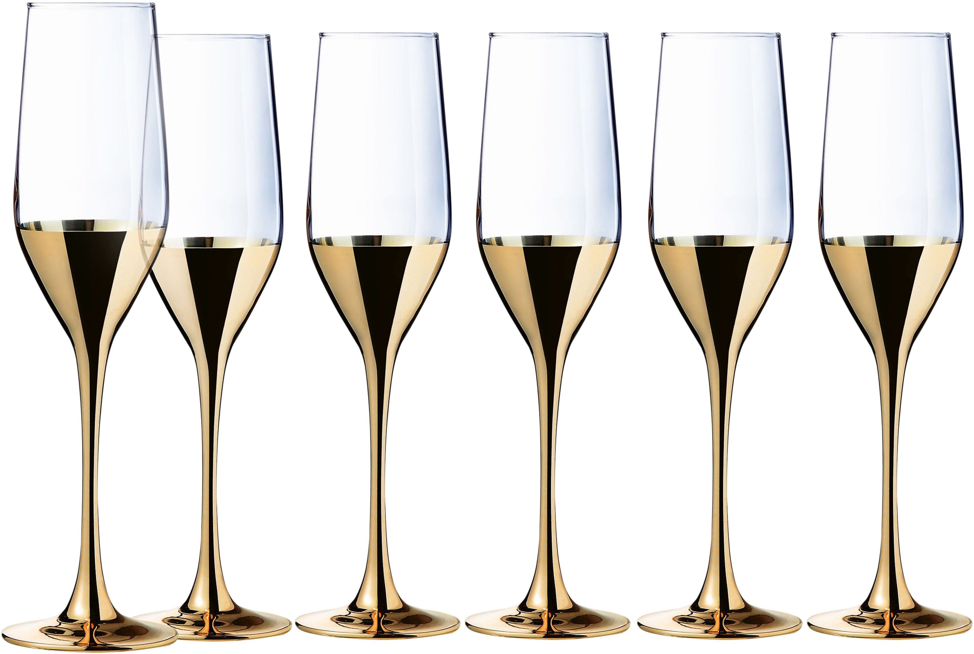 Leonique Sektglas Trinkglas Donella, Glas, Gläser Set mit hochwertigem  Golddekor, 6-teilig