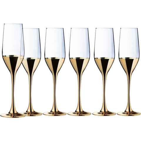 Leonique Sektglas Trinkglas Donella, Glas, Gläser Set mit hochwertigem Golddekor, 6-teilig