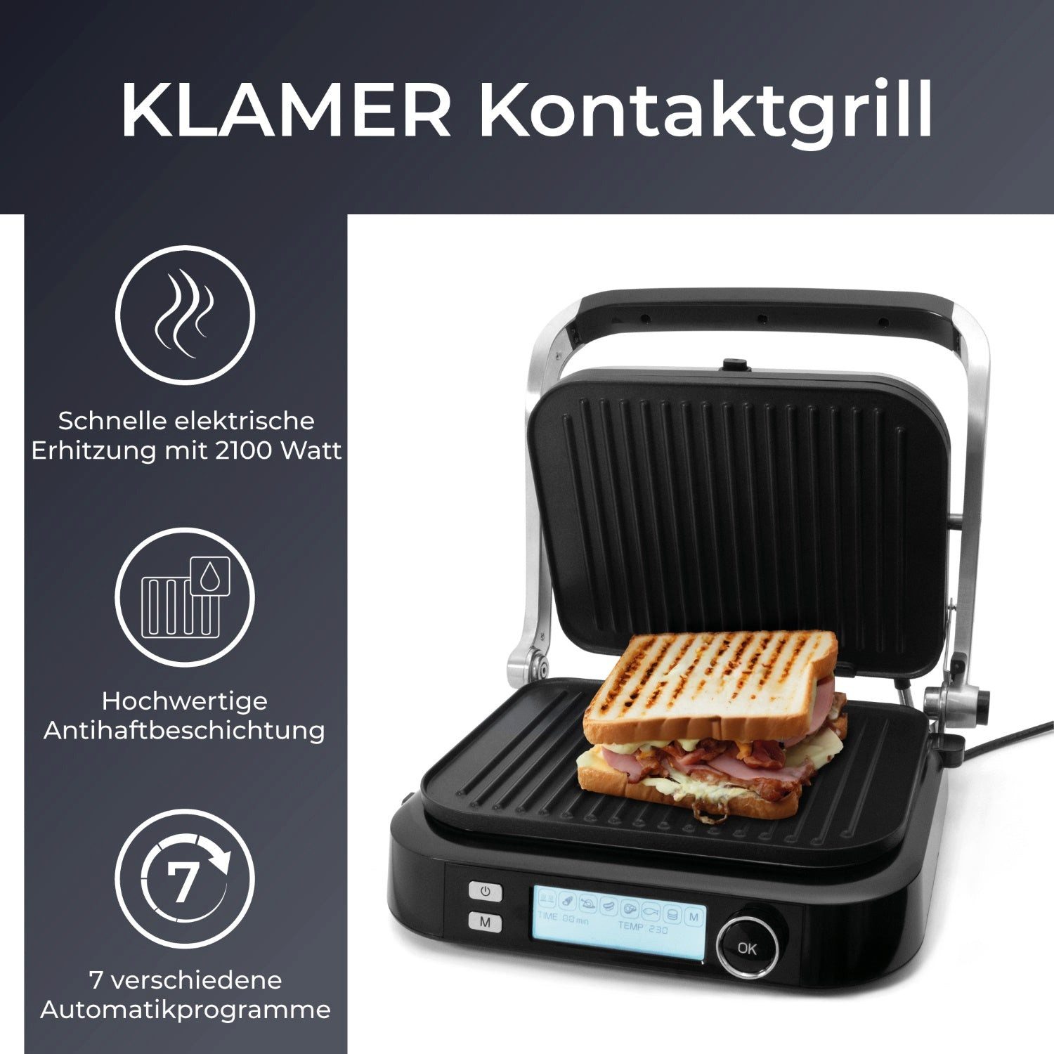 KLAMER Kontaktgrill 7 Automatikprogramme, abnehmbare Platten, Antihaftbeschichtung, 2100W…, 2100 W, 2 Grillplatten, 7 Programme, Temp.-Regler, Antihaft