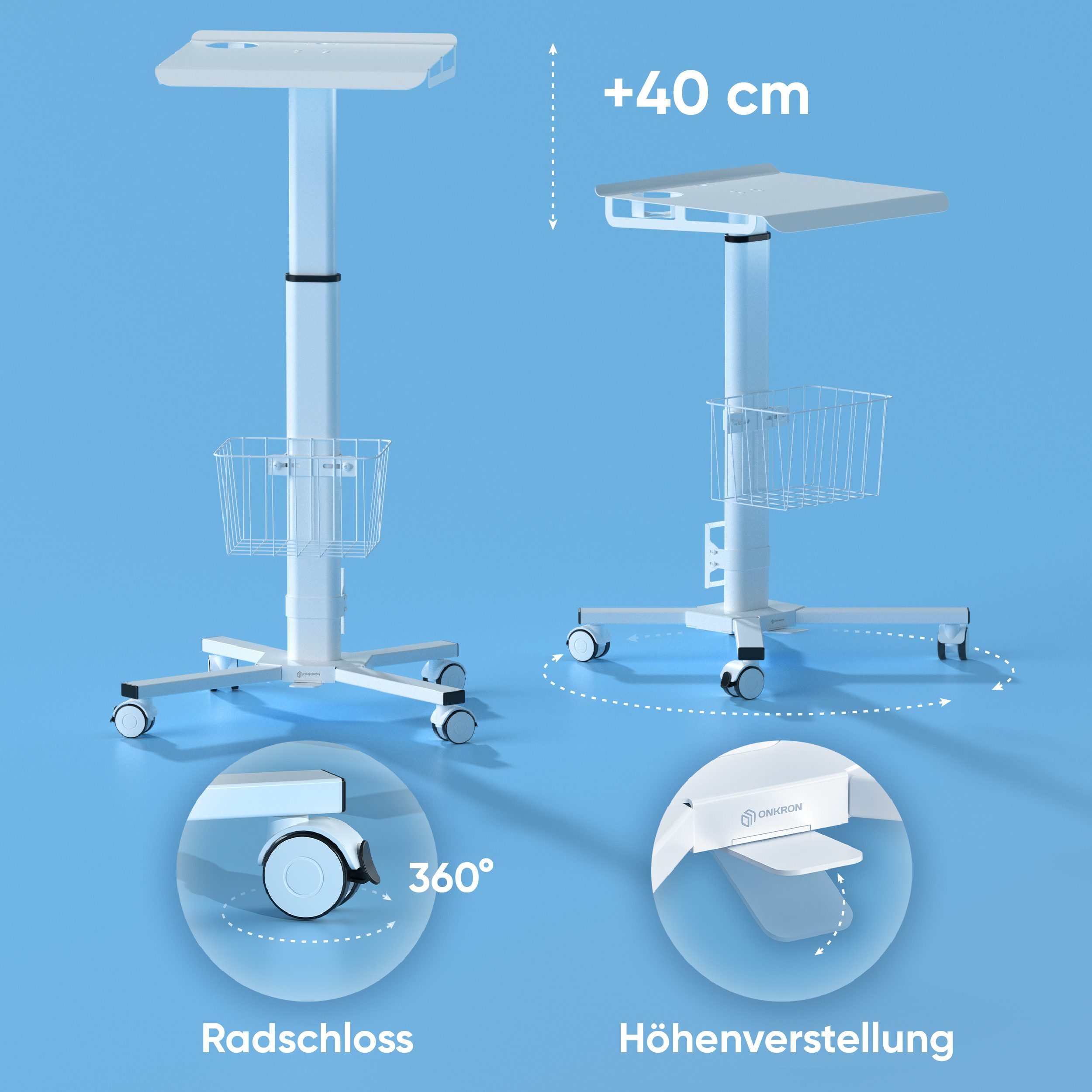 ONKRON Arbeitstisch ONKRON bis 8 kg, Weiß LMG30-W (Tisch auf Rollen, Tisch auf Rollen), höhenverstellbarer Tisch mit AV Ablage und Korb