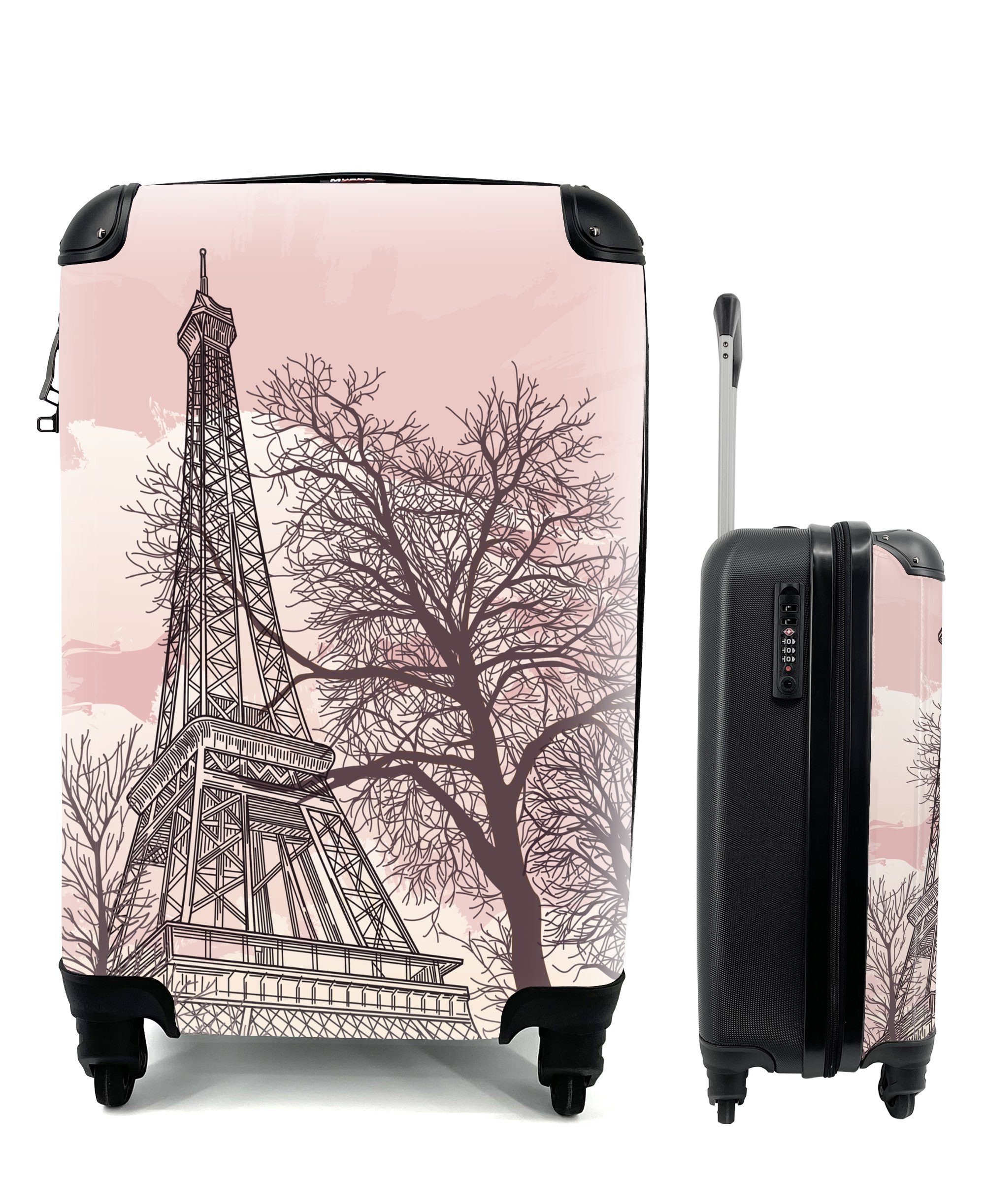 MuchoWow Handgepäckkoffer Eine Illustration des Eiffelturms unter einem rosa Himmel, 4 Rollen, Reisetasche mit rollen, Handgepäck für Ferien, Trolley, Reisekoffer