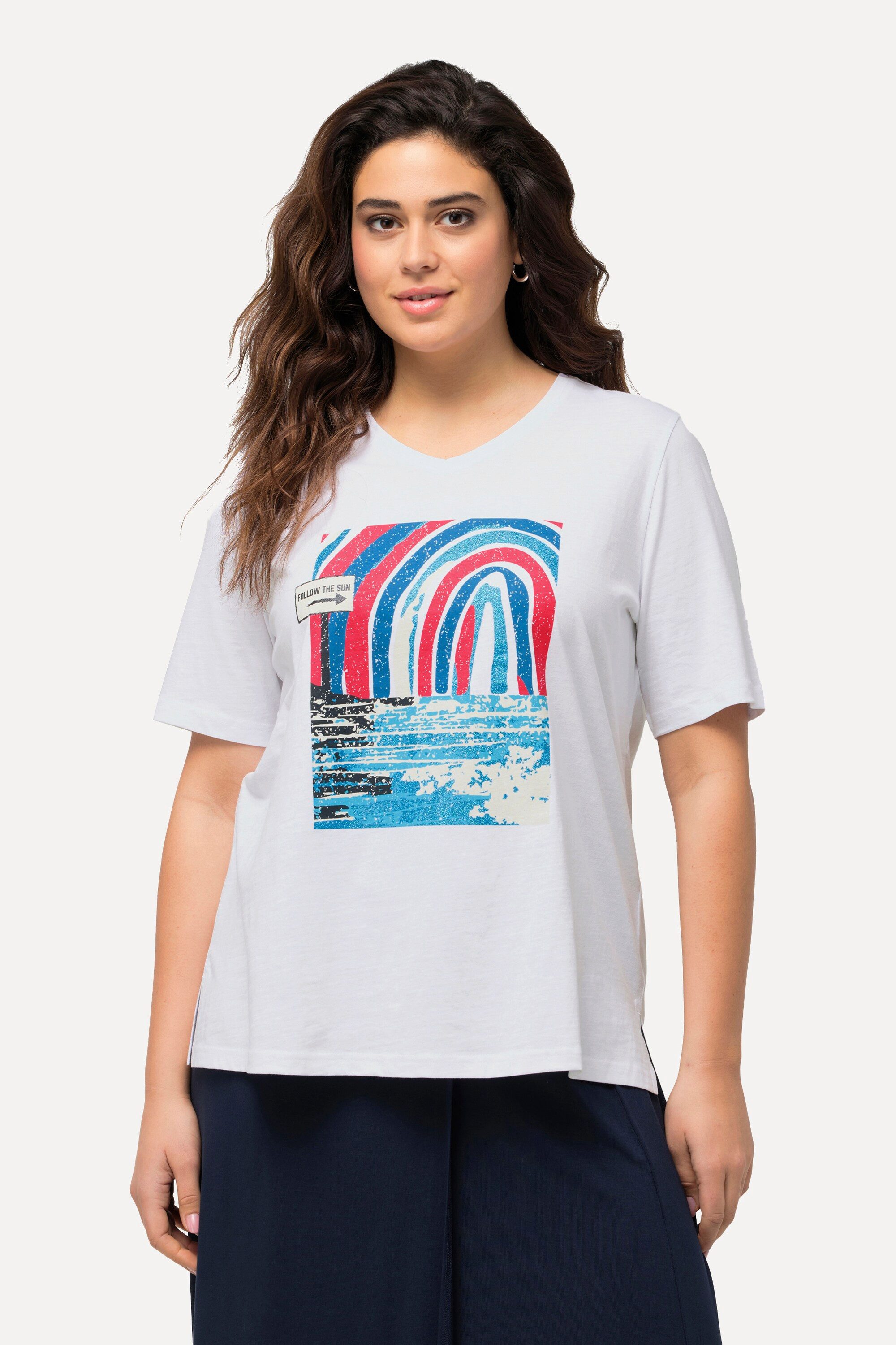 Ulla Popken T-Shirt T-Shirt Meeresmotiv Classic V-Ausschnitt Halbarm