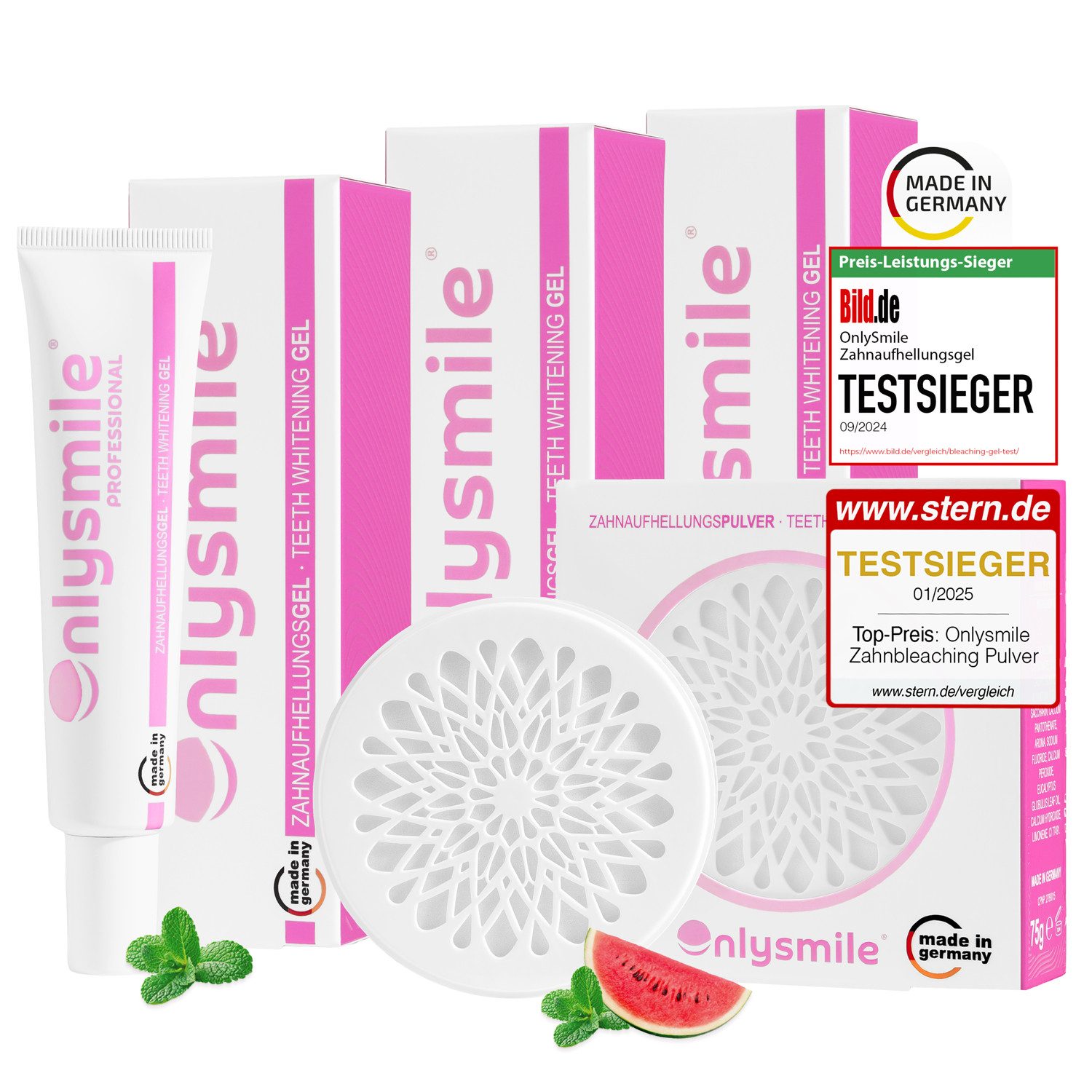 OnlySmile Zahnbleaching-Kit 6-Month Whitening Bundle – 3x Whitening Gel & 1x Zahnpulver, Enthält 3 Gele + 1 Zahnpulver