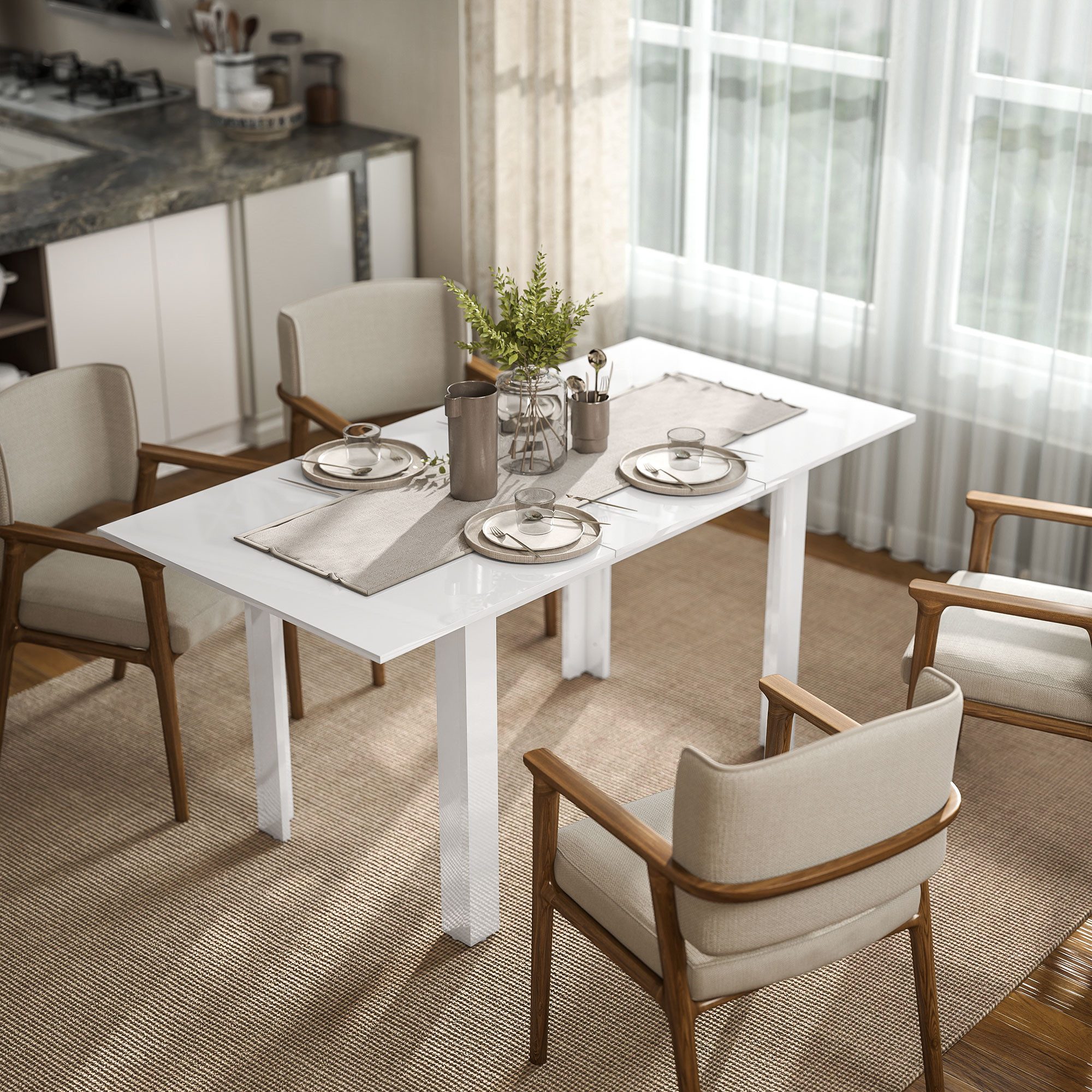HOMCOM Klapptisch Esstisch ausziehbar 120-160 x 80 cm Küchentisch Hochglanzweiß (Esstisch, 1-St., Küchentisch), verstellbarer Esszimmertisch