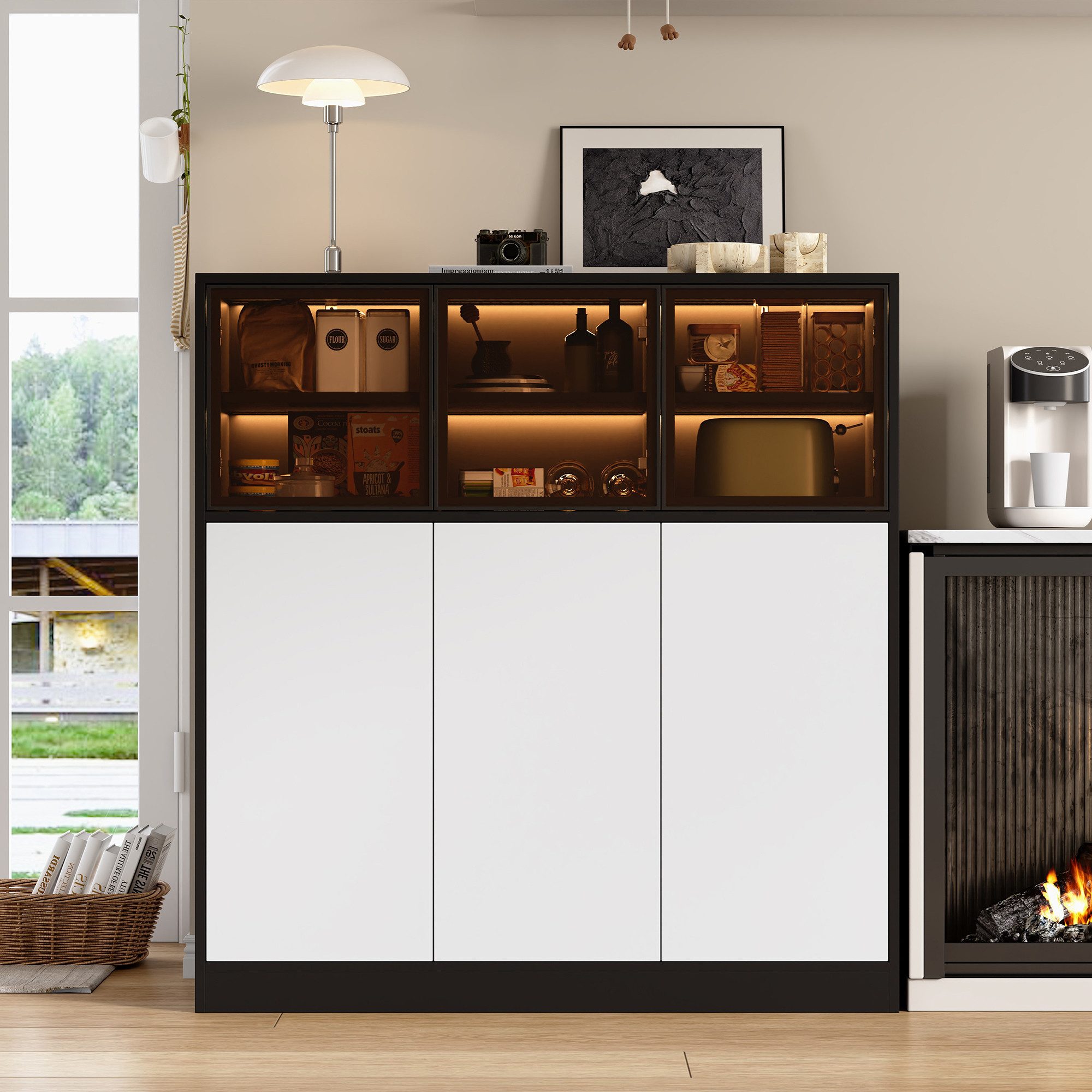 Flieks Mehrzweckschrank Sideboard mit LED-Beleuchtung und Glastüren (1-St., 100x40x105 cm) Küchenschrank Sideboard Holzschrank mit 14 Fächer Schwarz&Weiß
