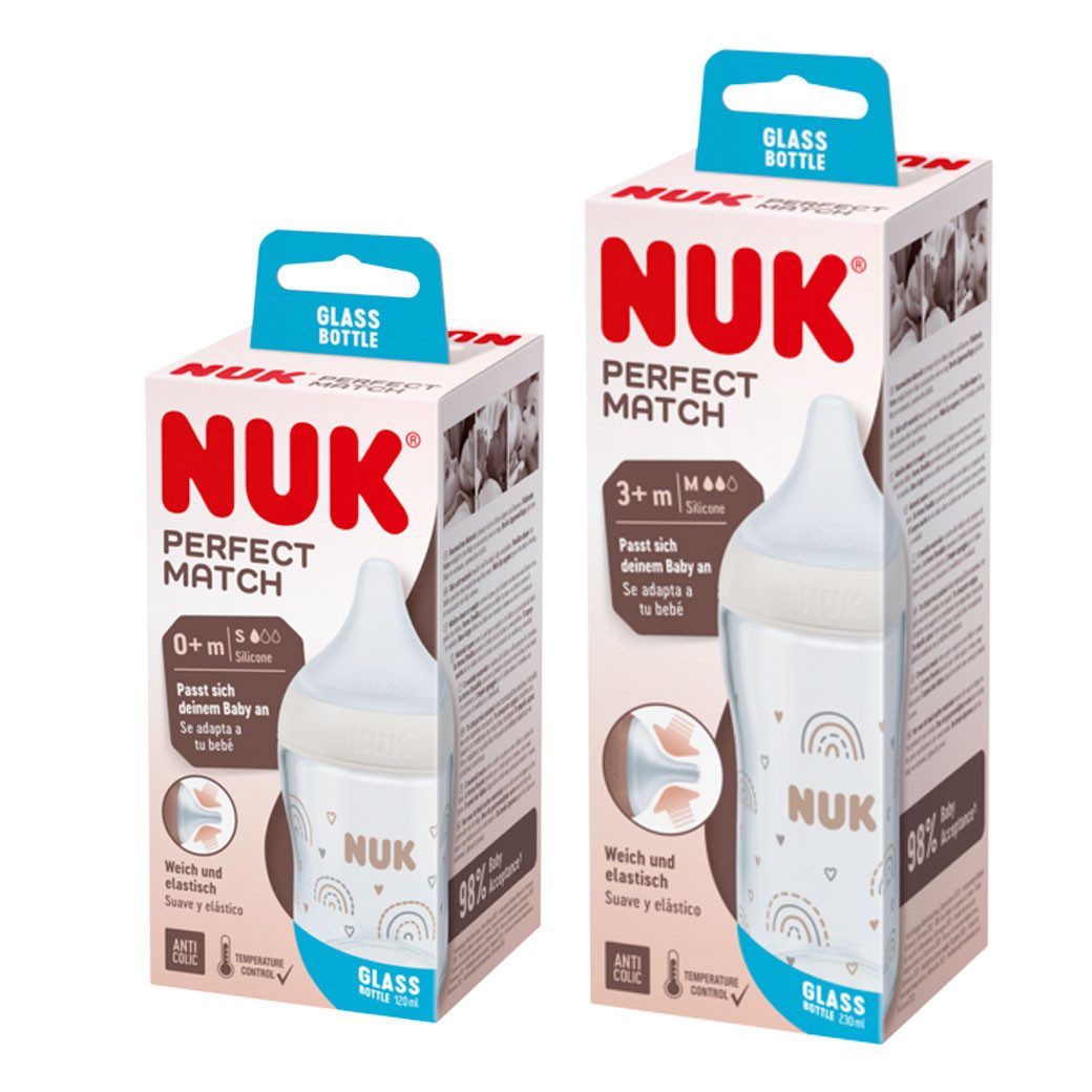 NUK Babyflasche Perfect Match Glasflasche 120ml&230 ml Set, weiß (Regenbogen)