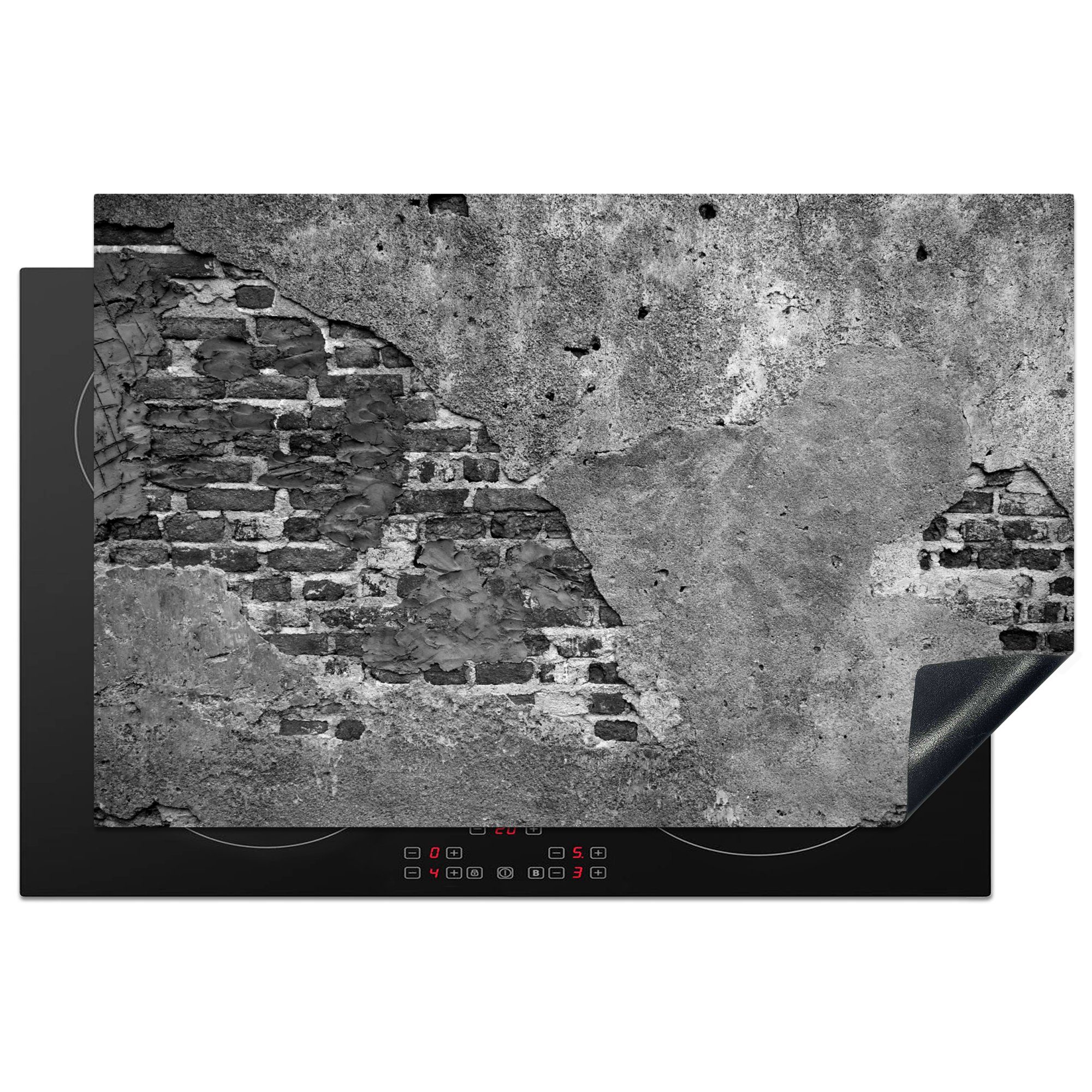 MuchoWow Herdblende-/Abdeckplatte Mauer - Ziegel - Zement - Beton - Schwarz - Weiß, Vinyl, (1 tlg), 81x52 cm, Induktionskochfeld Schutz für die küche, Ceranfeldabdeckung