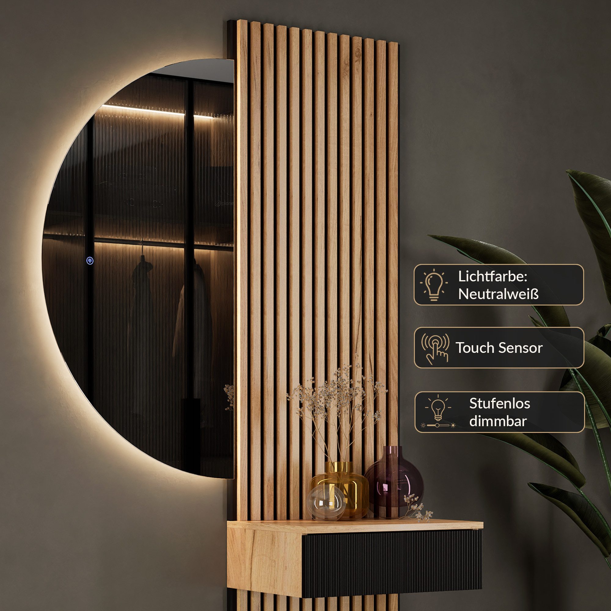 Planetmöbel Garderoben-Set AMYRA Flur Garderobe Spiegel mit Beleuchtung & Akustikpaneele, (LED Spiegel Nivora 50 x 100 cm, Touch-Funktion, Dimmbar, Konsolentisc – Bild 4 von 5