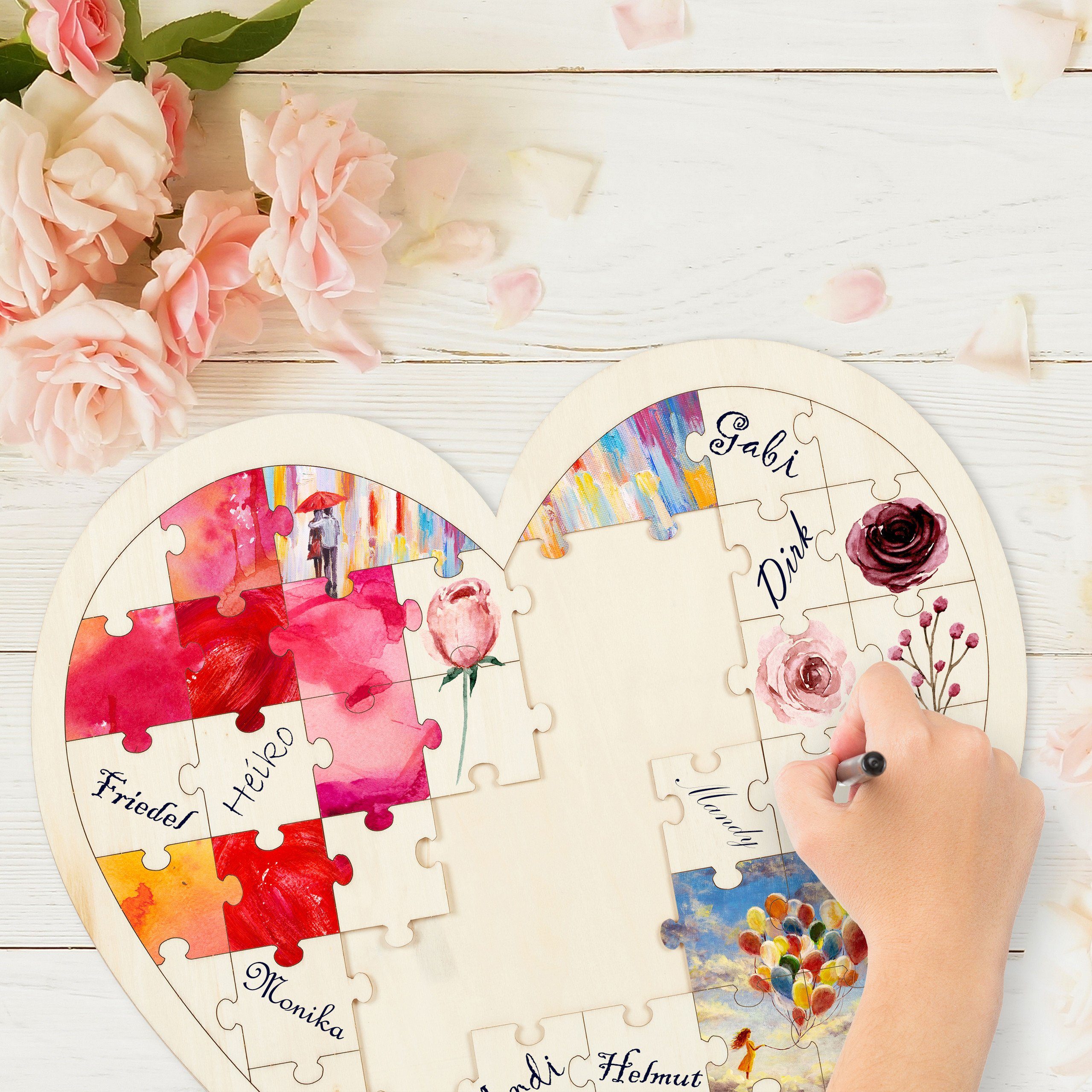 relaxdays Puzzle Herzpuzzle Hochzeit aus Holz, Puzzleteile günstig online kaufen