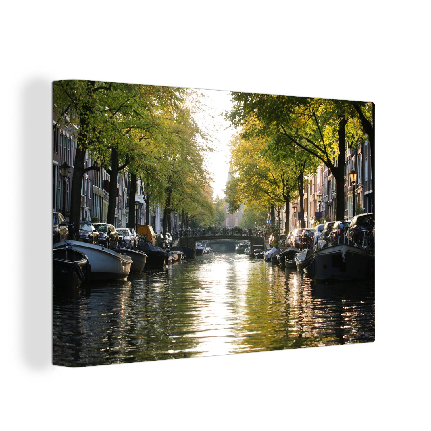 OneMillionCanvasses® Leinwandbild Viele Boote in St), den (1 Amsterdamer 30x20 Wandbild Grachten Niederlanden, den Leinwandbilder, Aufhängefertig, Wanddeko, cm in