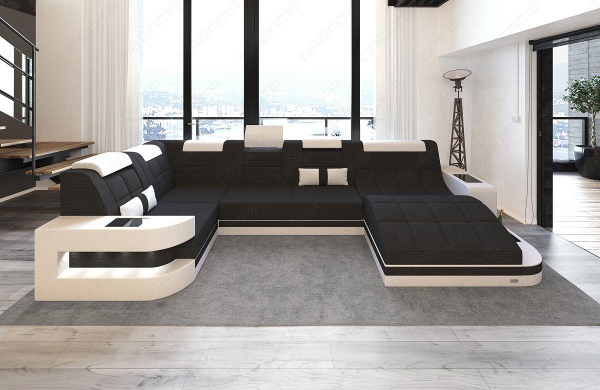 Polster schwarz-weiß Stoffsofa Sofa, Couch Bettfunktion Form H mit Wohnlandschaft Sofa wahlweise Strukturstoff Wave Dreams U