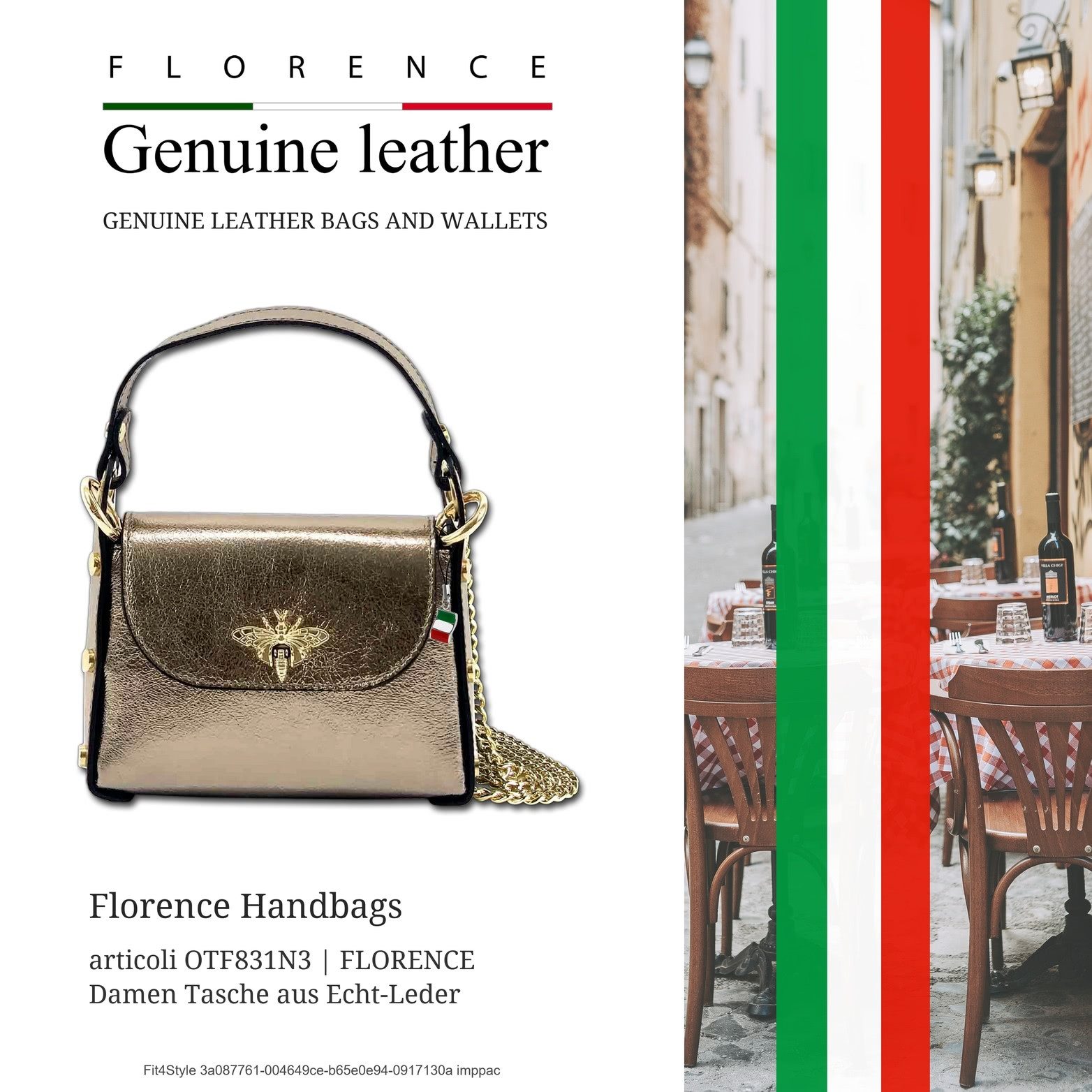 FLORENCE Umhängetasche bronze metallic braun Florence Tasche (Umhängetasche, Umhängetasche), Damen Tasche Echtes Leder bronze metallic, braun, Made-In Italy