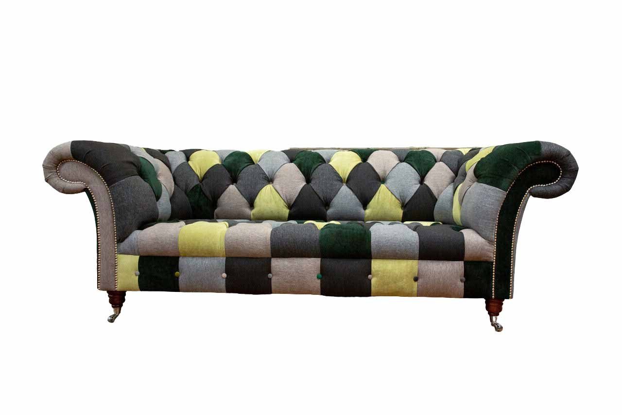 JVmoebel Chesterfield-Sofa 3-SITZER-SOFA AUS GRÜNEM SAMT UND GRAUEM UND WOLLE