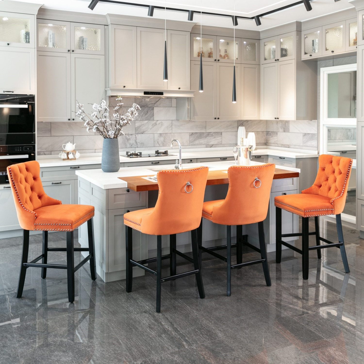 ANYSUN Barhocker Moderne Barhocker 2er Set,Esszimmerstühle mit Tuftedekoration (Knopfheftung, Holzbeinen und Chrom-Nagelkopfbesatz, 2er-Set), Barhocker mit weicher Sitzfläche für Küchen-Cafeteria-Inseltisch