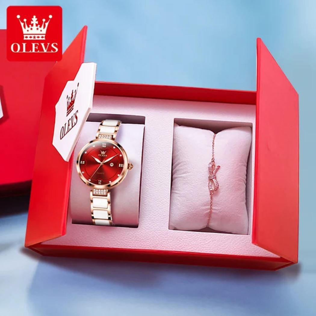 Quarzuhr Ostern Muttertag Olevs Geschenkset Keramik elegante Damenuhr Weiß 5589 Rot Set