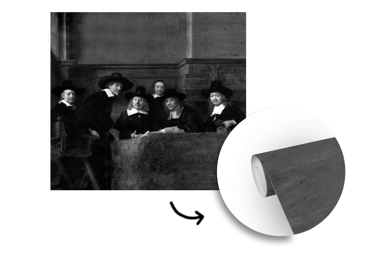 Fototapete Vinyl Gemälde Matt, Rembrandt - Die schwarz-weiß, oder van Wohnzimmer Tapete - von Rijn bedruckt, Schlafzimmer, Wandtapete Stahlmeister MuchoWow St), (5 für