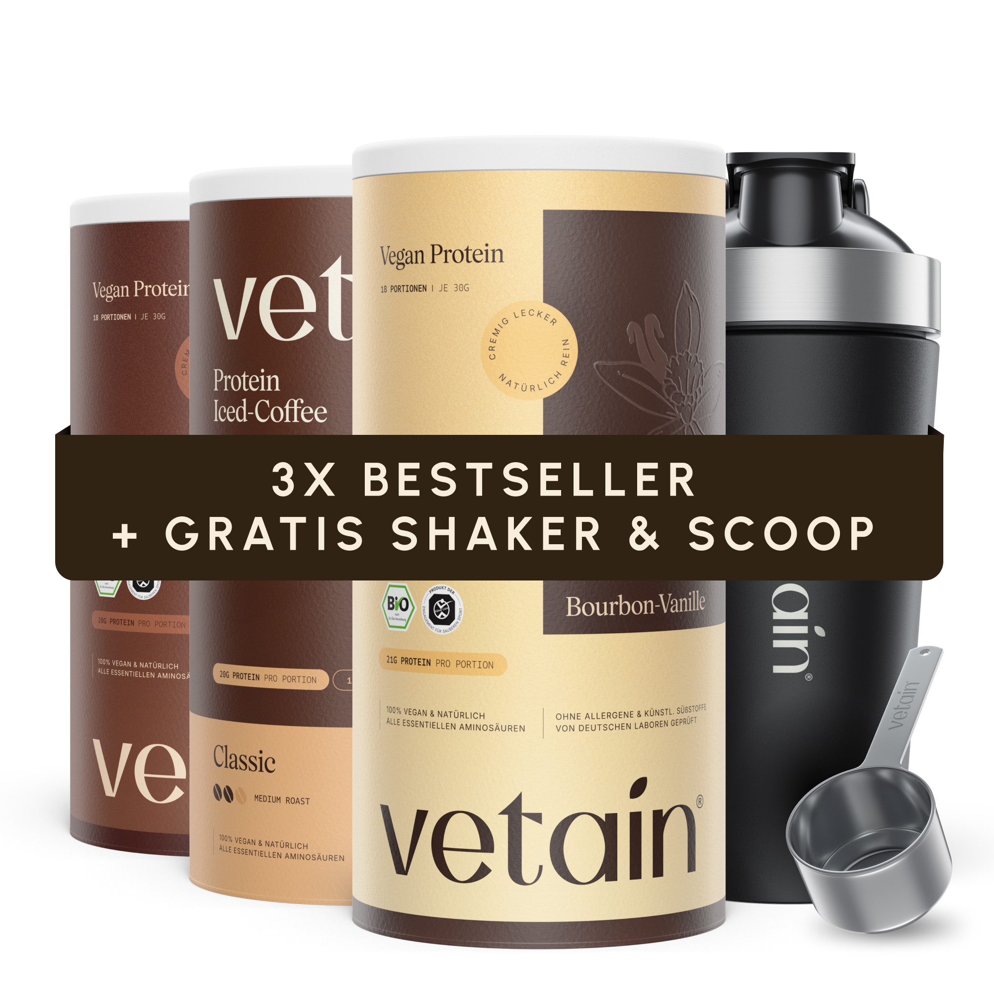 VETAIN VETAIN Vegan Protein Bundle + Gratis Edelstahl Shaker & Scoop Pulver, 3 er Spar-Set à