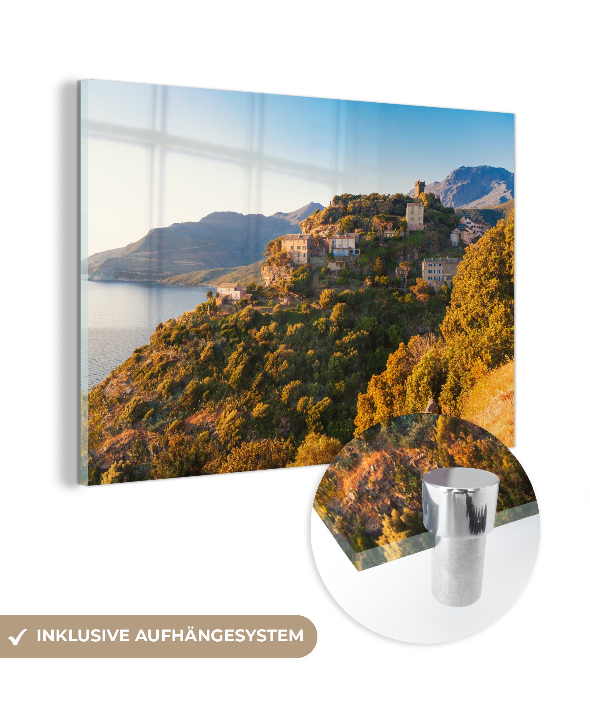 MuchoWow Acrylglasbild Dorf auf Korsika bei Sonnenuntergang, (1 St), Acrylglasbilder Wohnzimmer & Schlafzimmer