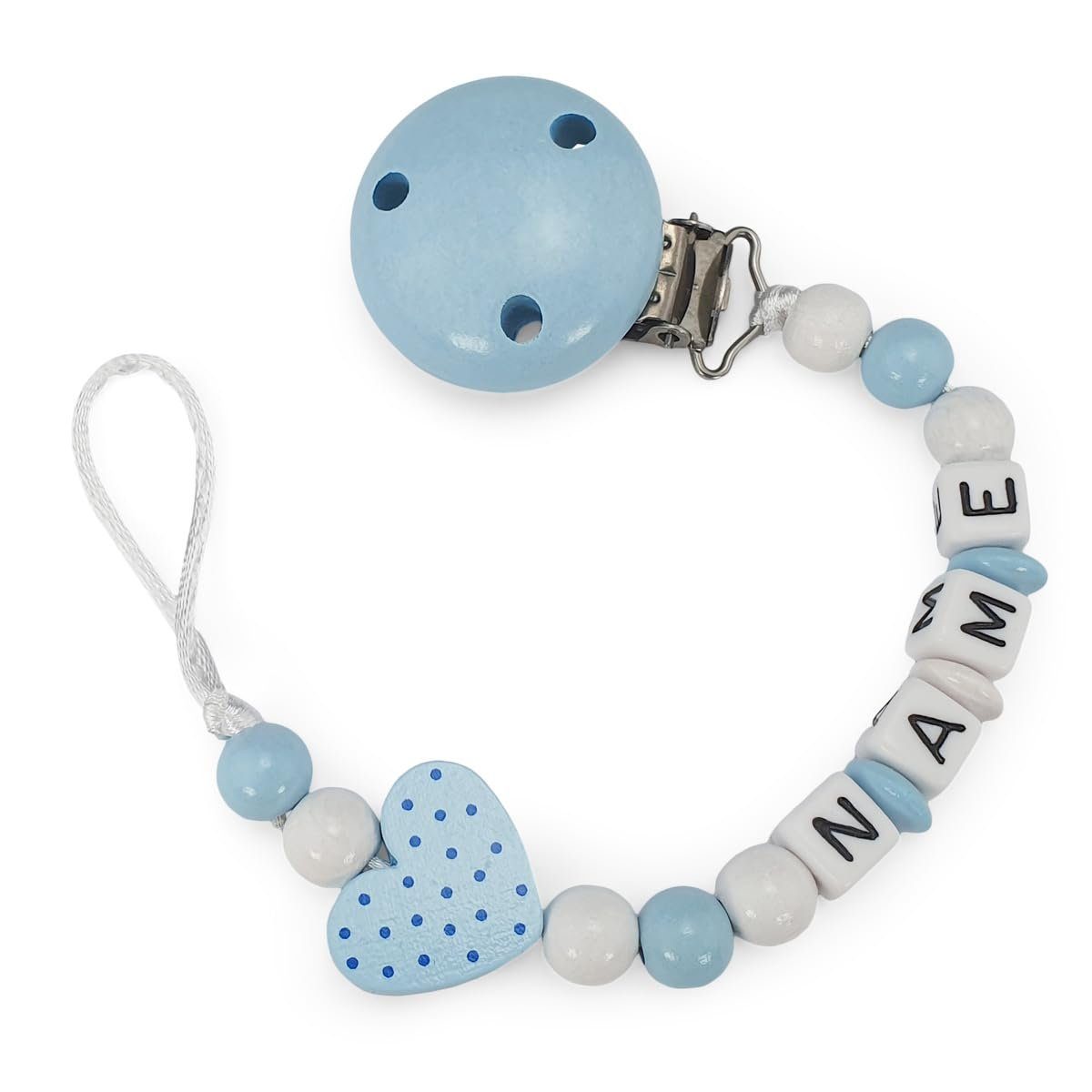 personalisiert Schnullerkette für blau mit Jungen Schnuller Namen, kleinerStorch Herz - in Schnullerbefestigung Baby Nuckelkette