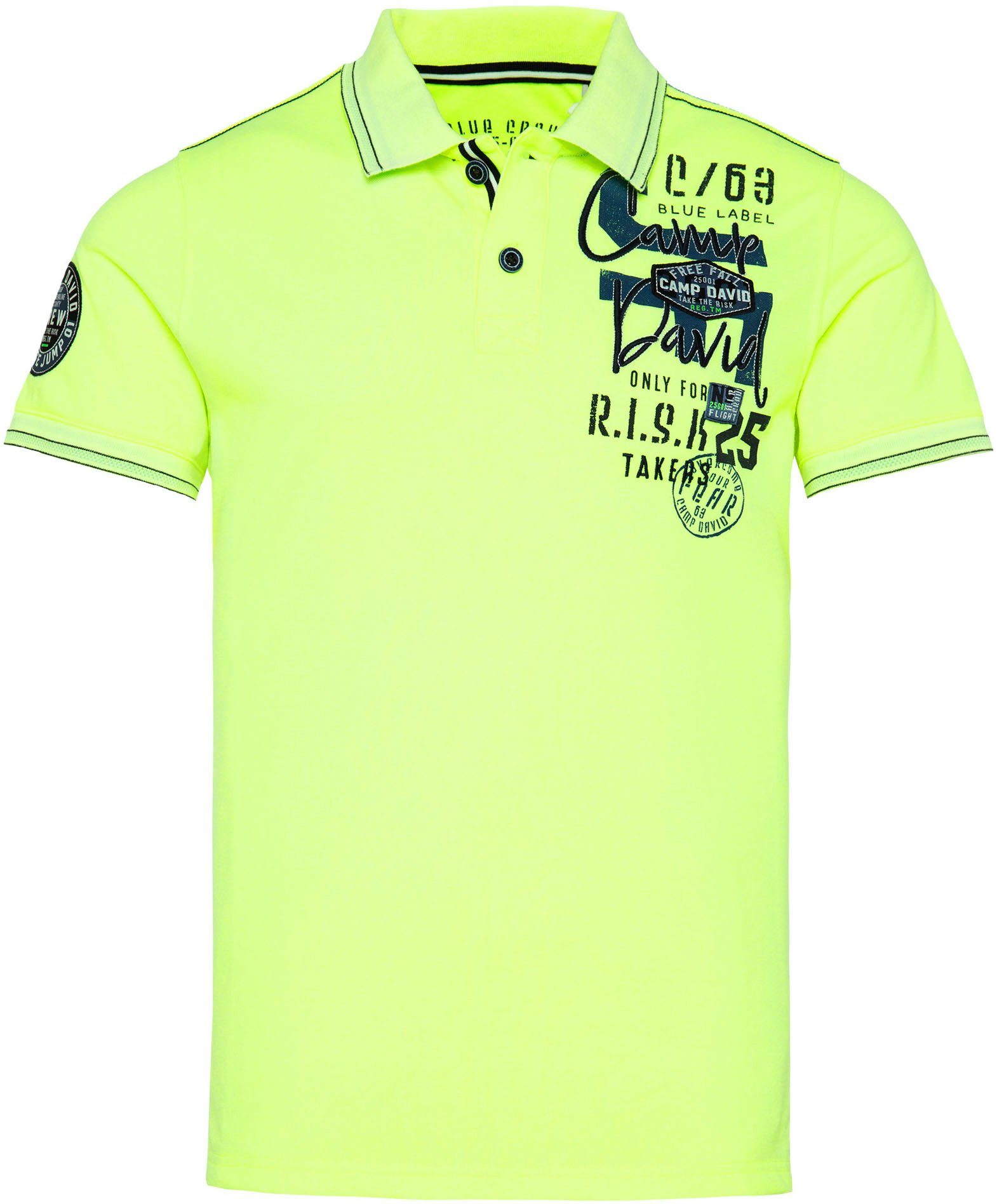 lime DAVID auf Poloshirt CAMP Schultern neon Kontrastnähten den mit