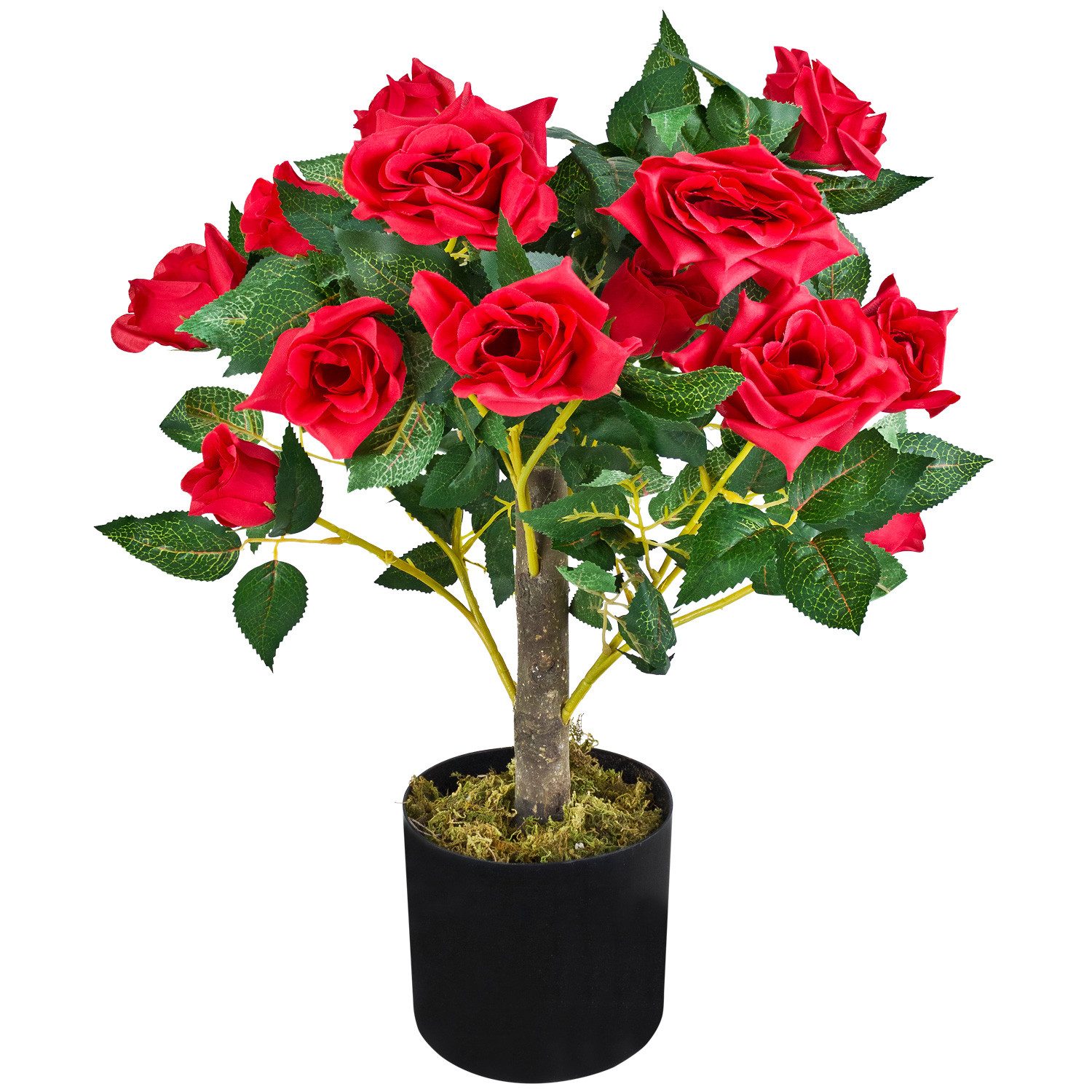 Kunstblume Rose Rosenbusch Rosenstock Künstliche Pflanze Rot Echtholz 50 cm Rose, Decovego, Höhe 50 cm