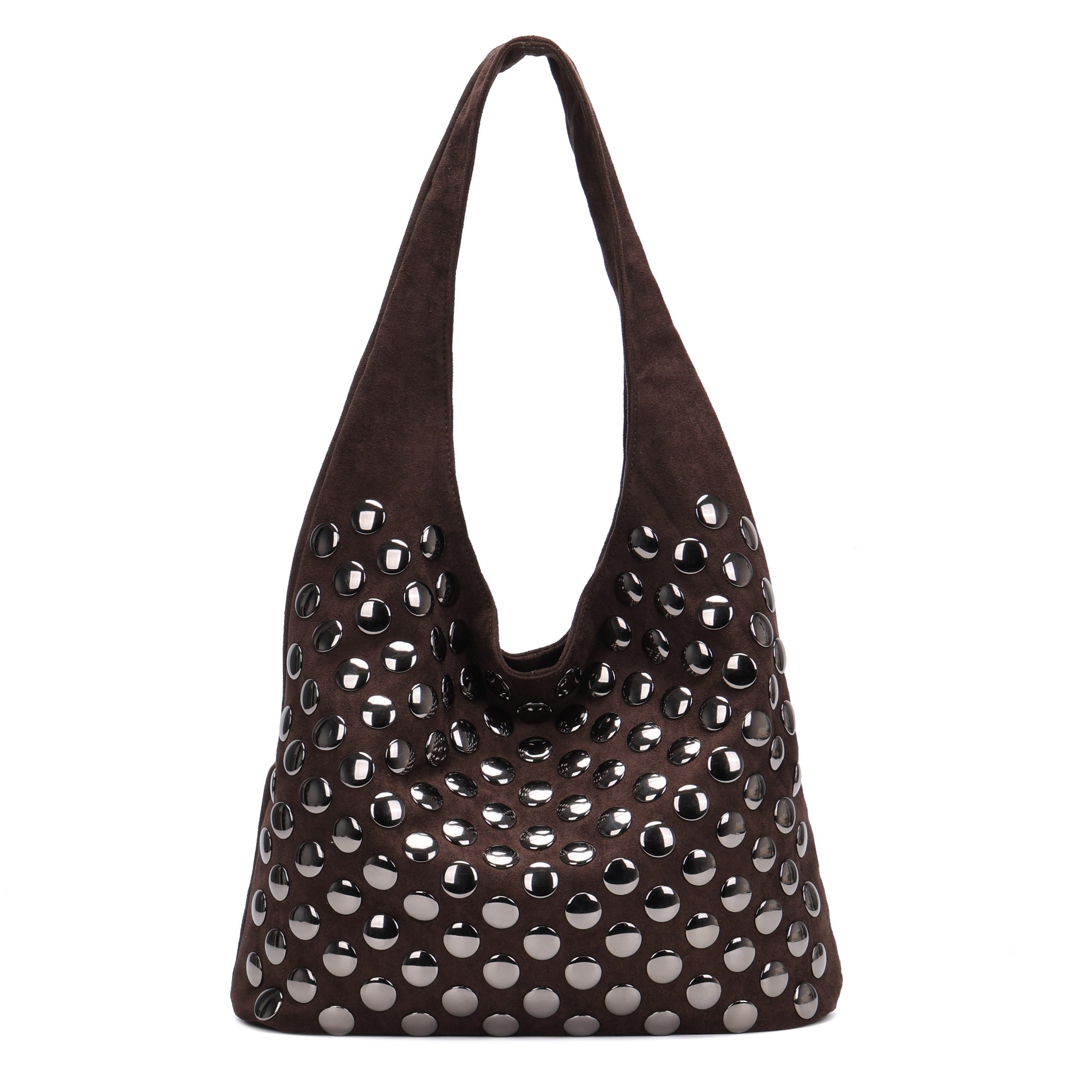 MIRROSI Shopper Damen Hobo Bag Schultertasche Wildleder-Optik mit Nieten (Shopper Handtasche aus Stoff, ca.33x14x29 cm), Neue Kollektion Herbst/Winter 2026
