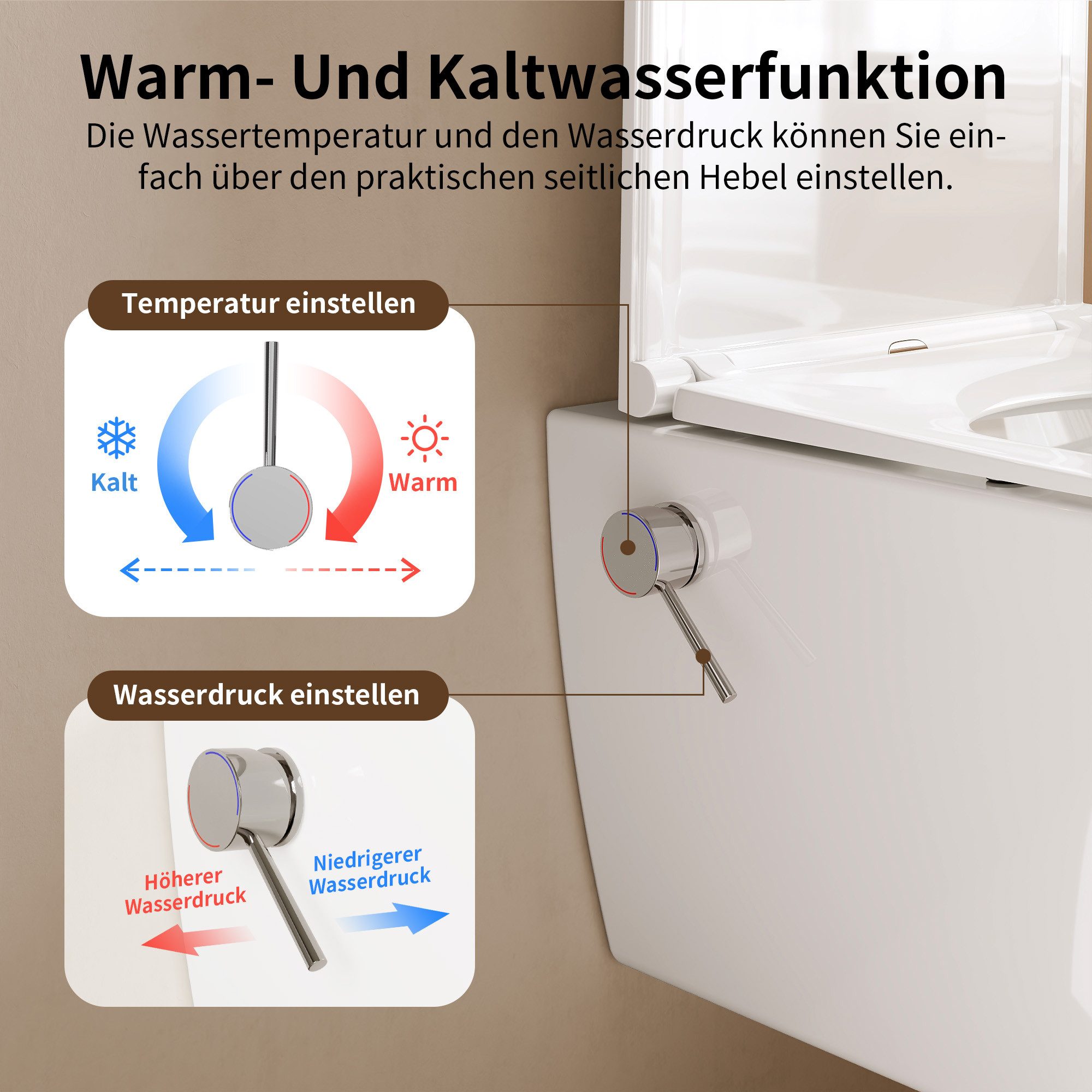DeerValley Dusch-WC Kalt-Warm Wasser, Hänge WC Spülrandlos mit Bidet-Düse, Wandmontage, Abgang waagerecht, Wassersparend, Geräuscharm, Bidetfunktion ohne Strom, spülrandlos, Soft-Close-Sitz