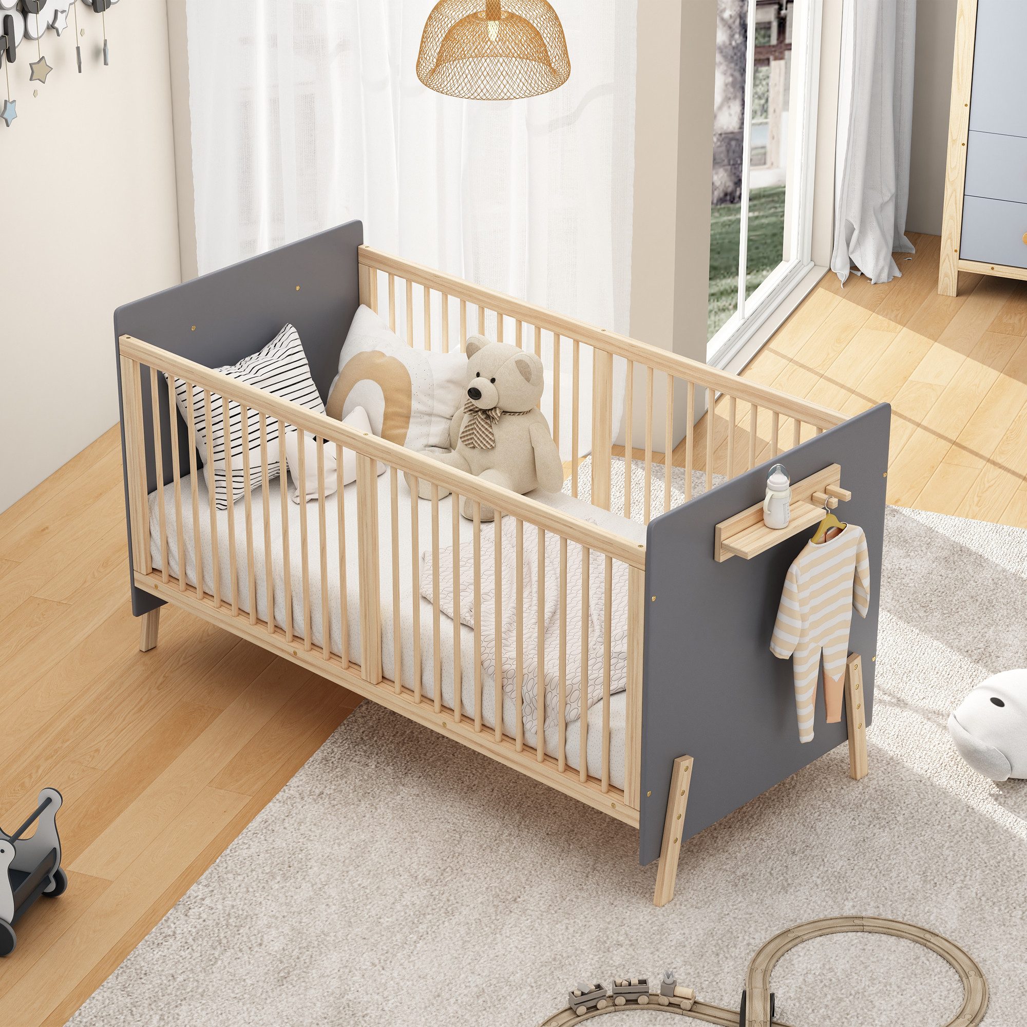 Odikalo Babybett Kinderbett mit Drei-stufiger Höhenverstellung, Als Anschlussbett/Sofabett nutzbar, Ohne Matratze, 140*70*86cm