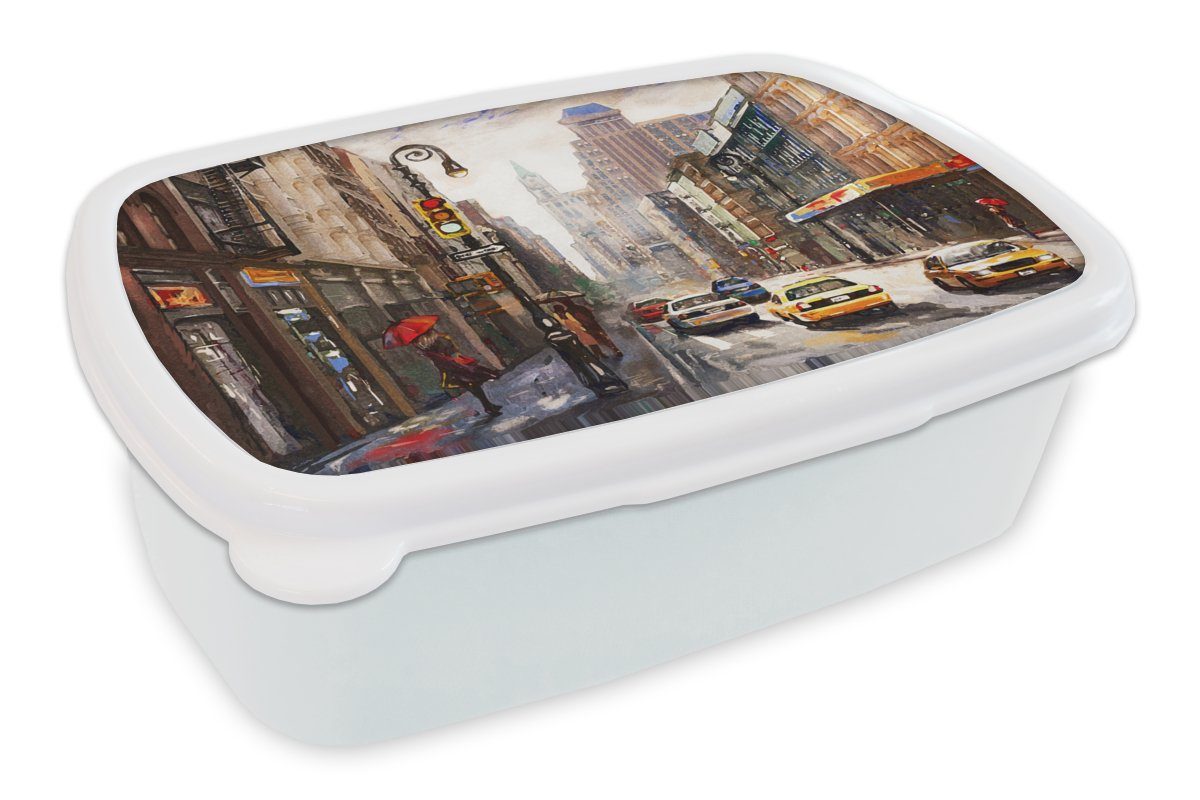 MuchoWow Lunchbox Gemälde - Stadt - Auto - Öl, Kunststoff, (2-tlg), Brotbox für Kinder und Erwachsene, Brotdose, für Jungs und Mädchen weiß