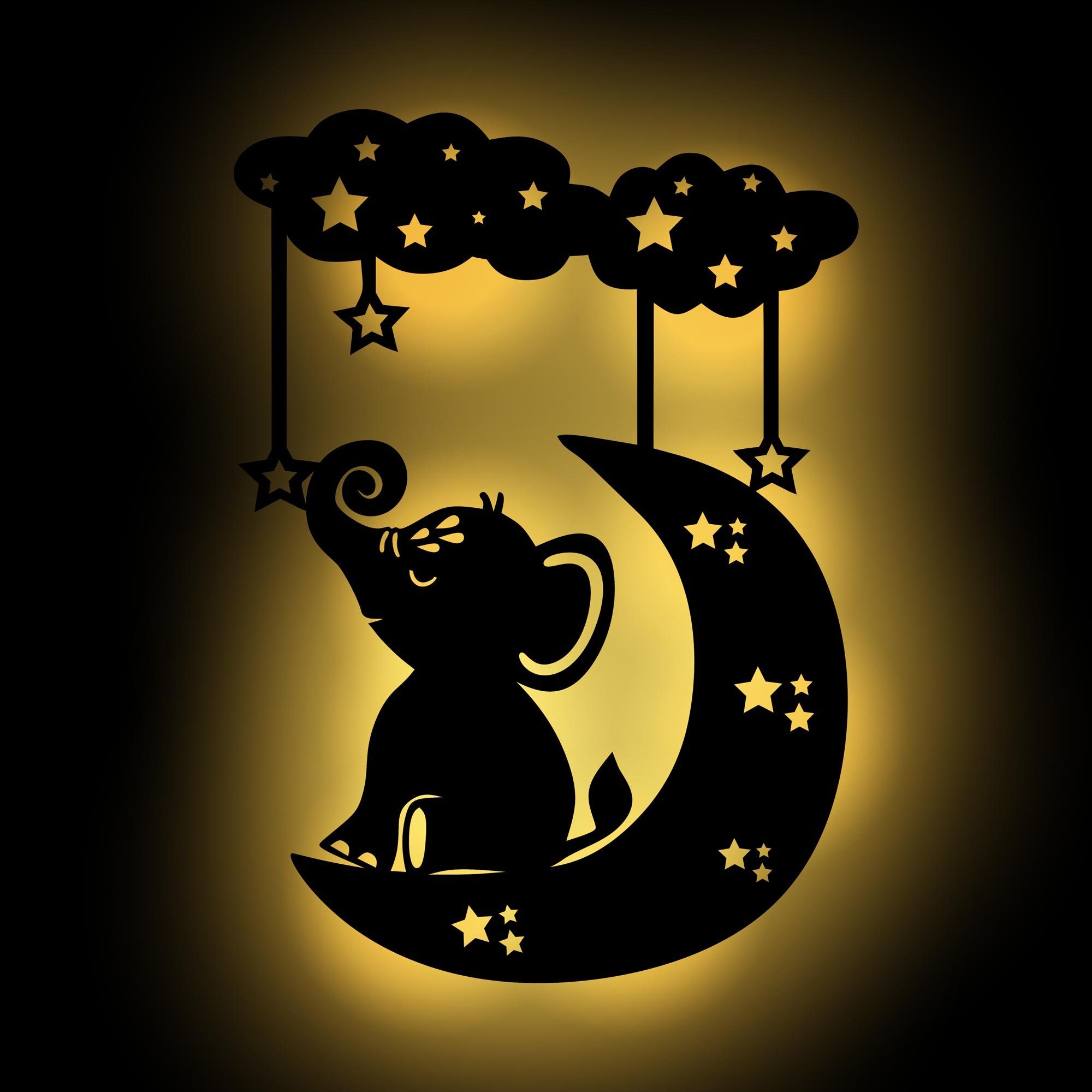 Namofactur LED Nachtlicht Elefant auf Wolke im Sternenhimmel - Schlaflicht mit Elefanten Motiv, Ohne Zugschalter, LED fest integriert, Warmweiß, Wanddekoobjekt Kinderzimmer Leuchte batteriebetrieben Unbehandelt