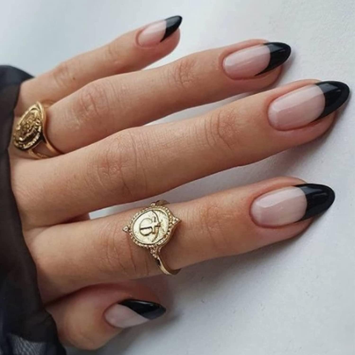 Kunstfingernägel 24 Stück Mandel Nägel Aufkleben Kurz Schwarz Press on Nails Frauen