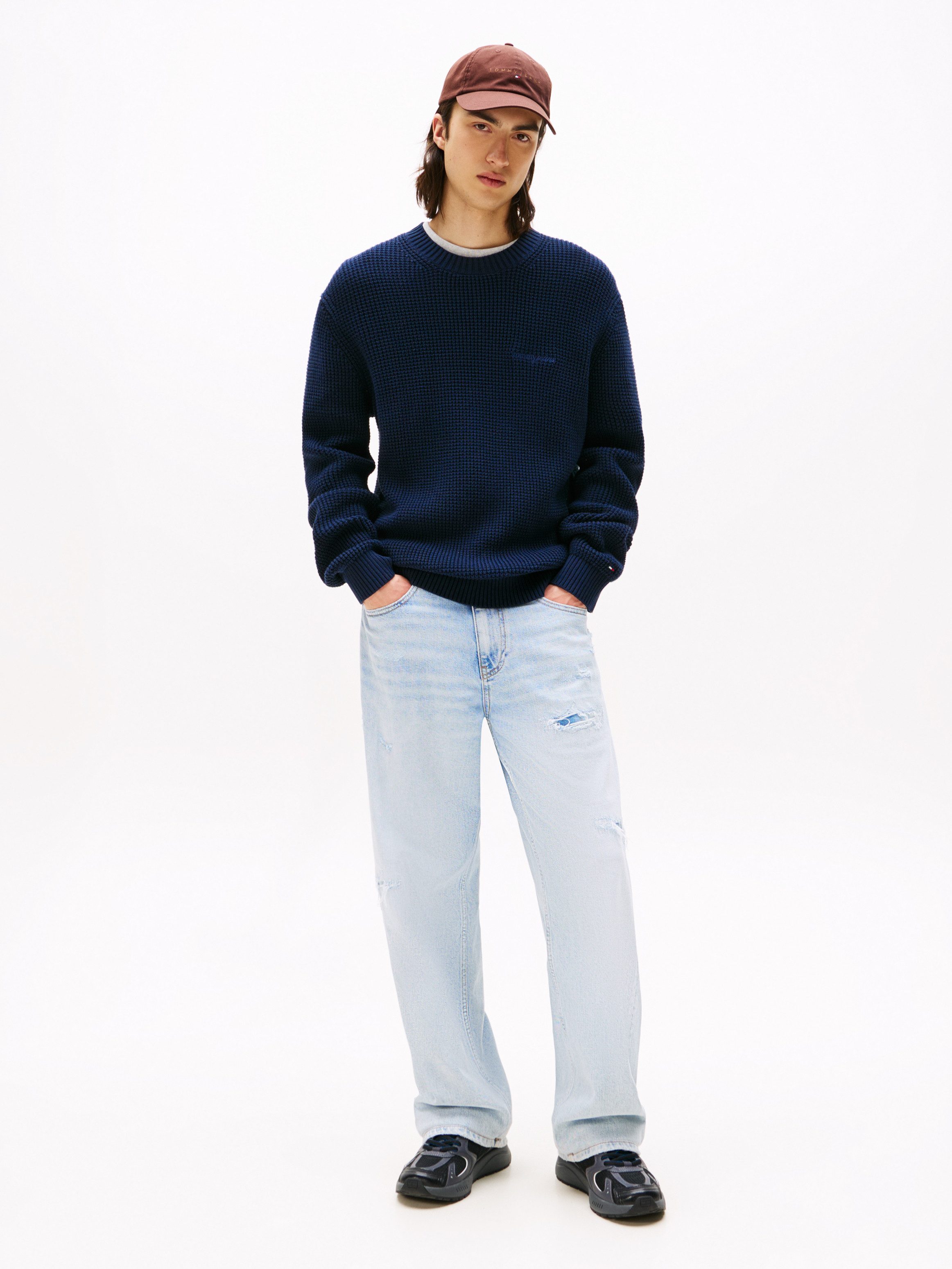 Tommy Jeans Strickpullover TJM SCRIPT CHUNKY Regular Fit, Rundhals Waffelpique Strick