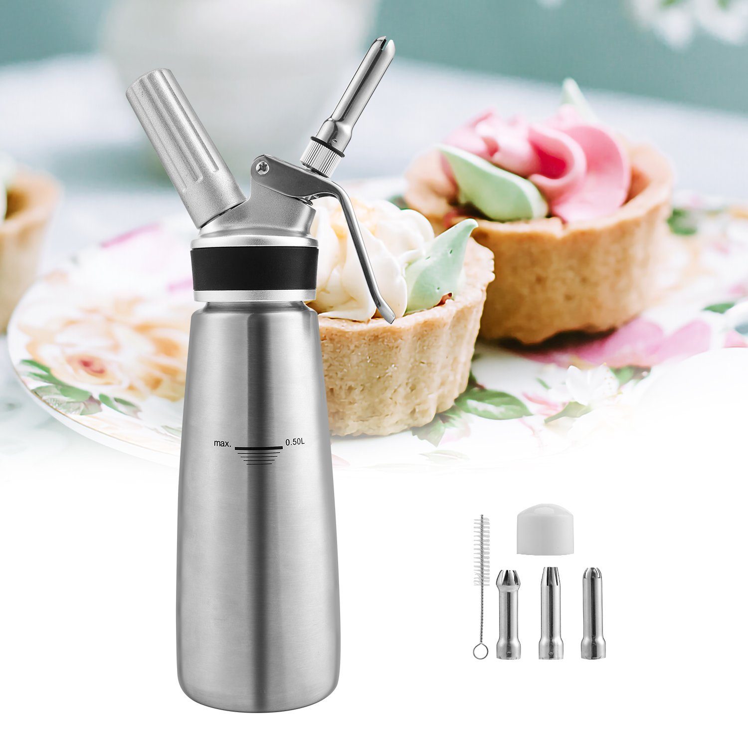 Clanmacy Sahnesyphon 500ml Edelstahl Sahnespender, Profi Sahnesyphon 3 Edelstahl Deko-Düsen Rostfrei Schlagsahne Dispenser Für Desserts Gebäck Sahne, Soßen und mehr, (1-tlg)