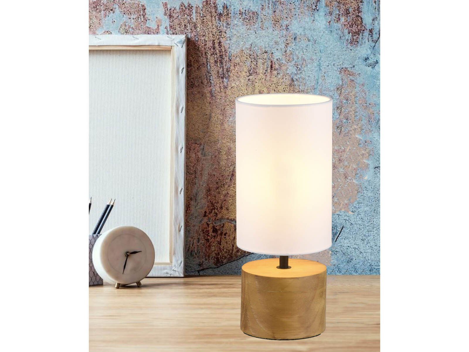 Reality Leuchten LED Nachttischlampe, Dimmfunktion, LED wechselbar, Warmweiß, dimmbar mit Holz-fuß Lampenschirm skandinavisch Fensterlampe Höhe 30cm