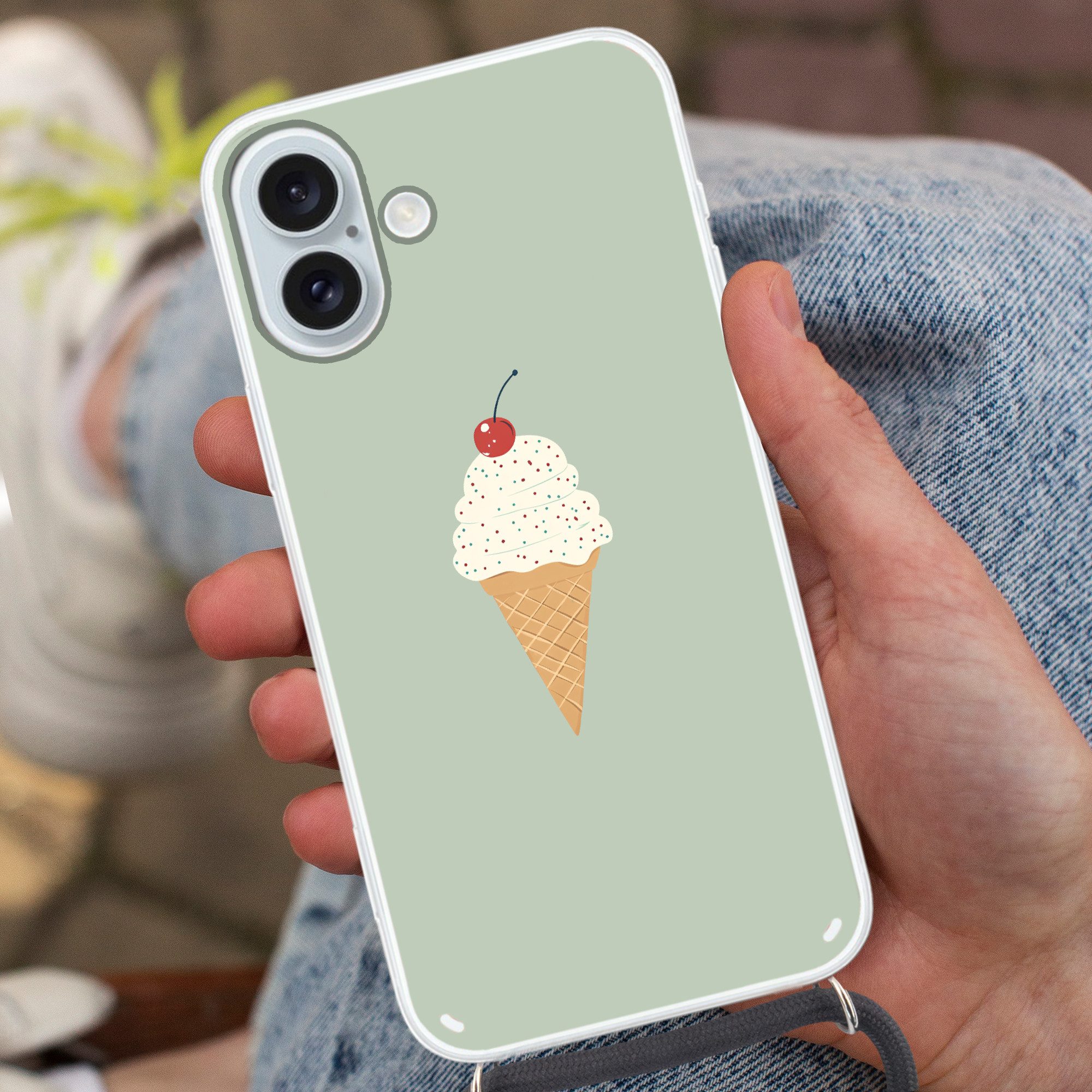 MuchoWow Handyhülle für Apple iPhone 16 Plus Illustration - Eiscreme - Sprenkeln - Kirsche, Tragbare Handyhüllen mit Kette zum umhängen, Handykette Handyband