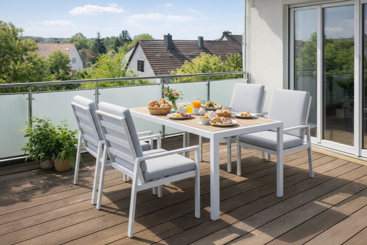 MeXo Gartenlounge-Set Gartenmöbel Set Aluminium Outdoor, (Garten-Essgruppe für 4 Personen, 5-tlg., mit Polywood Tisch & Auflagen), wetterfest für Terrasse & Garten