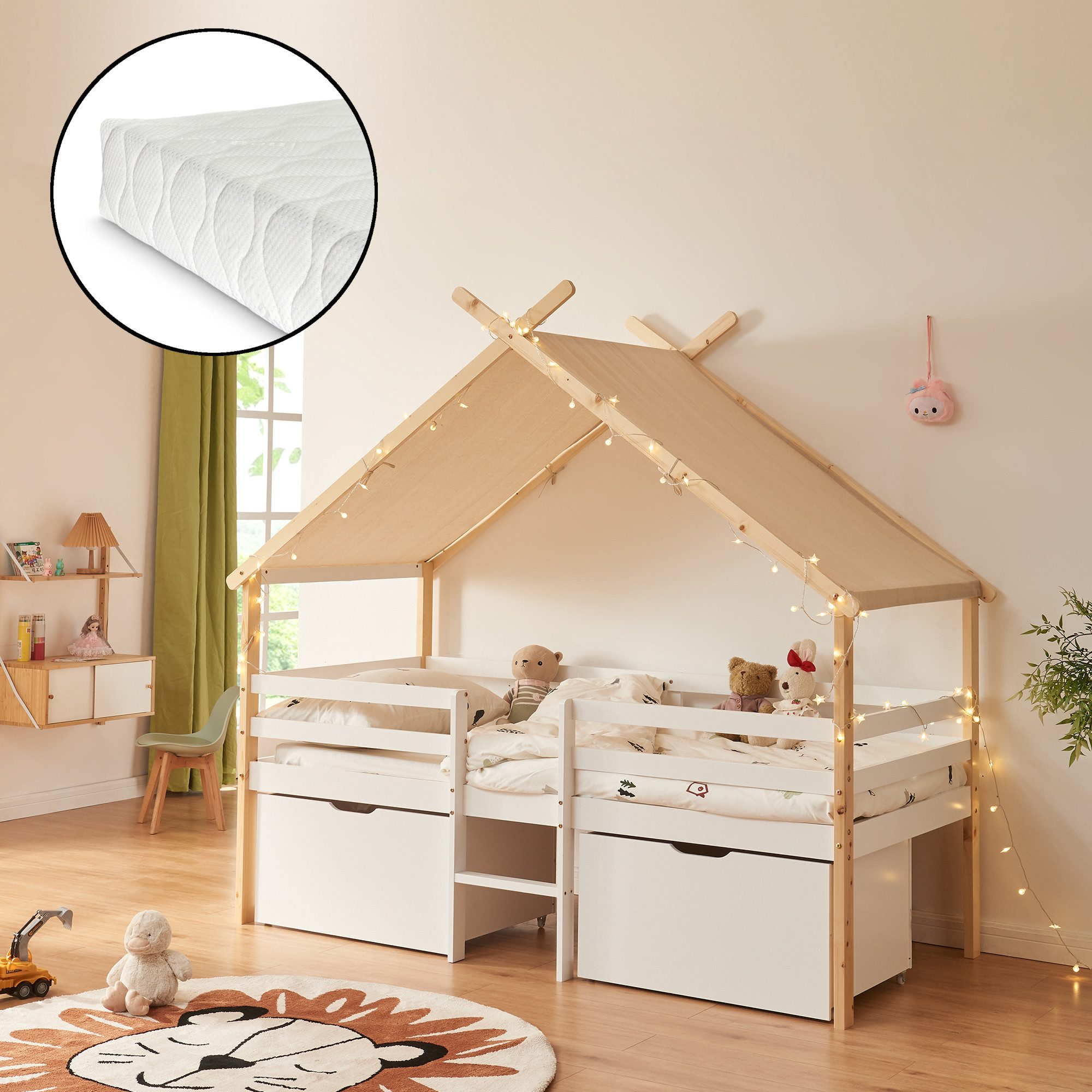 en.casa Kinderbett, »Surnadal« Haus-Optik mit Rausfallschutz 90x200cm Weiß/ günstig online kaufen