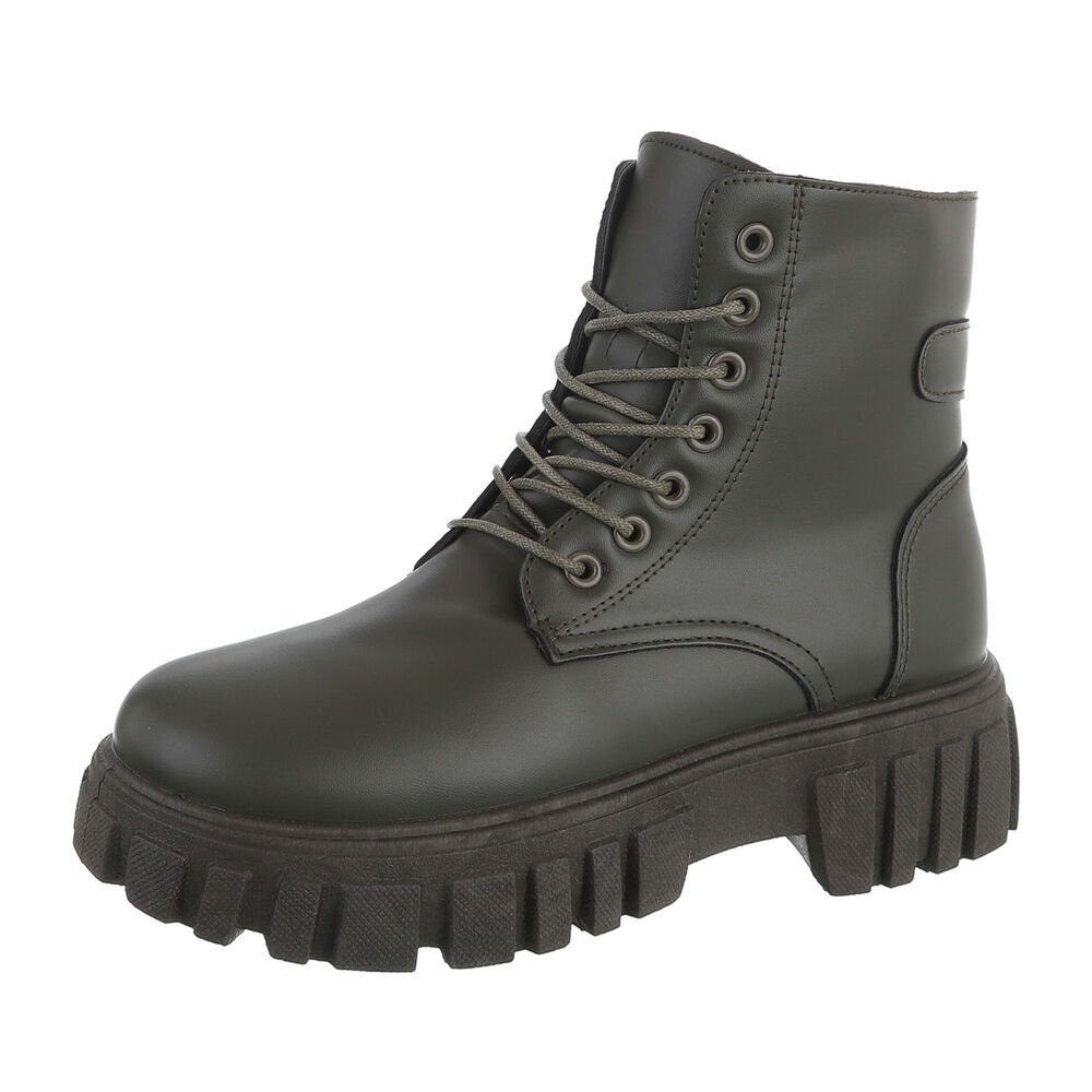 Ital-Design Damen Schnürschuhe Freizeit Stiefelette Blockabsatz Plateaustiefeletten in Olive