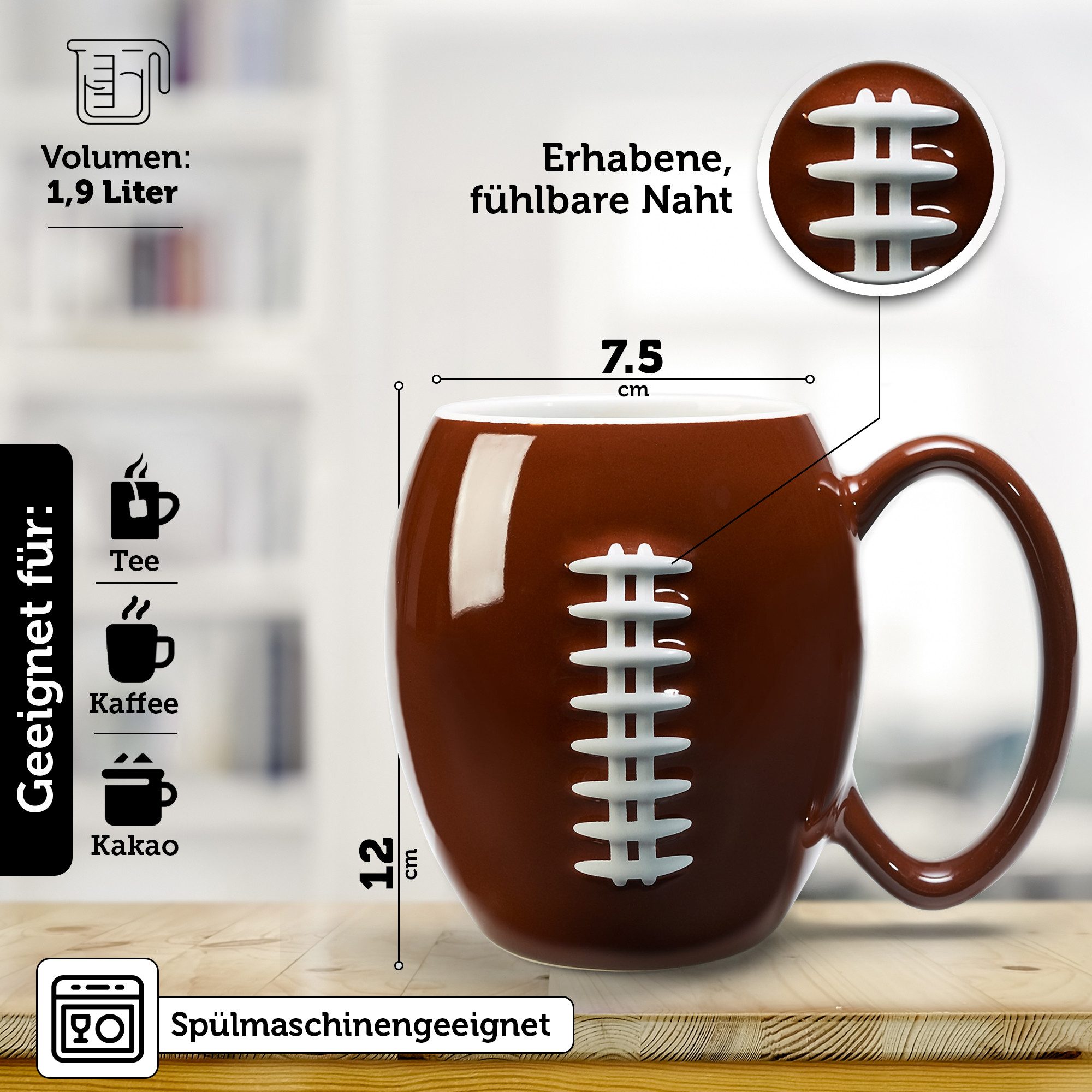 40YARDS Tasse American Football Tasse (600 ml) für Kaffee, Tee, etc., 1-tlg., Keramik, mit erhabener, fühlbarer Football Naht