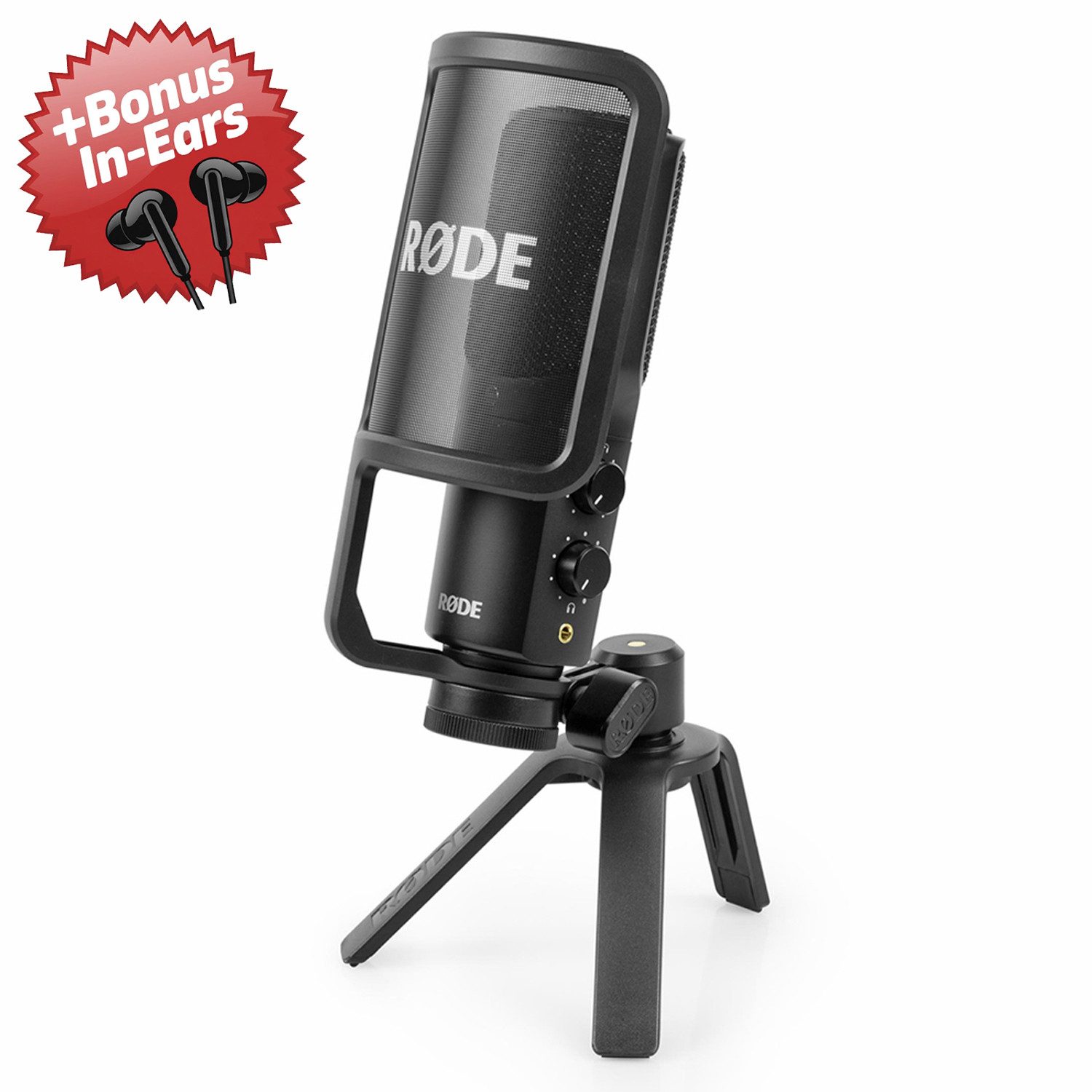 RØDE Mikrofon Rode NT-USB+ USB-Kondensatormikrofon + Bonus In-Ear Kopfhörer (1-tlg), Professionelles USB-Sprechermikrofon