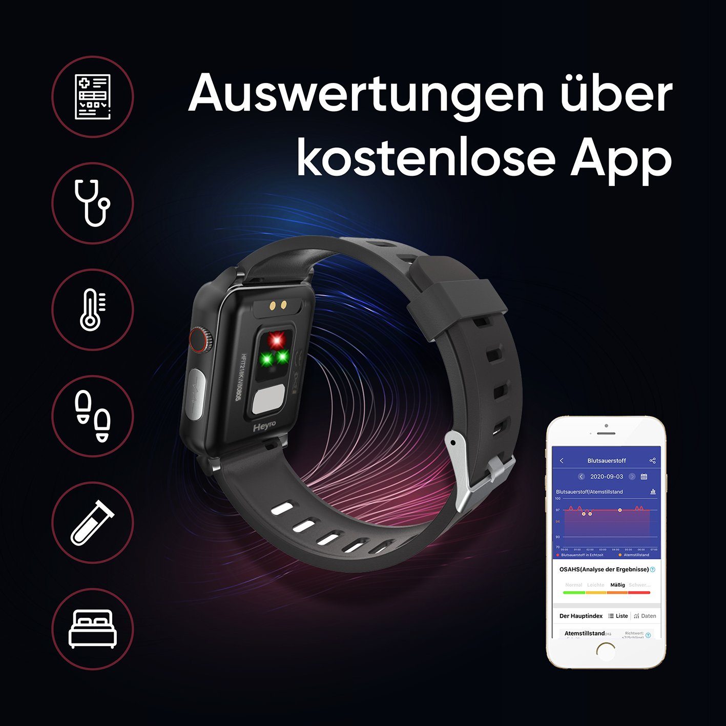 Heyro FIT 21 Smart Watch Fitness EKG PPG Blutdruckmessung Pulsuhr Fitnessuhr (3,9 cm cm/1,54 Zoll, HEYRO Fit 21 App) schwarz